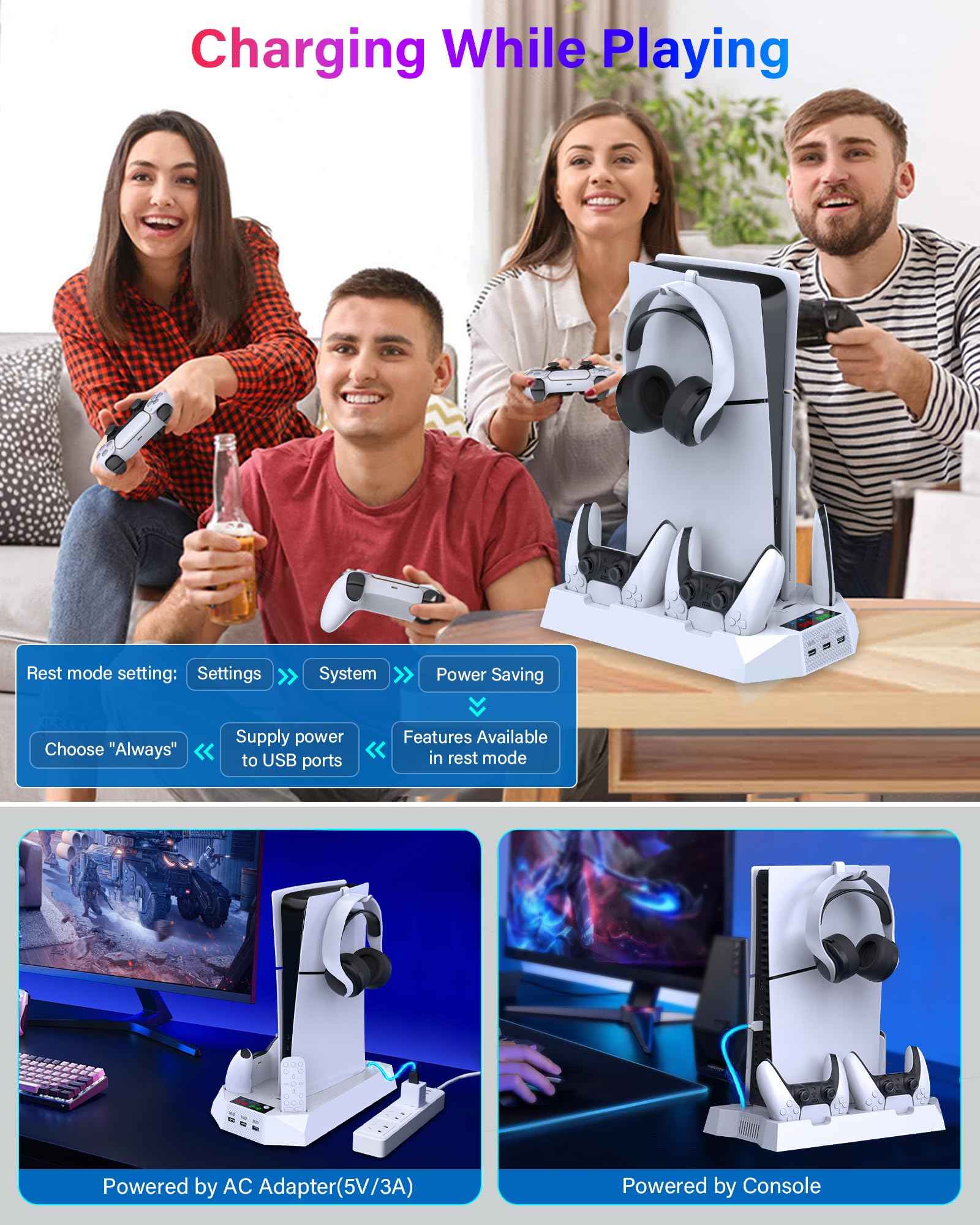 PS5/PS5 Slim/PS5 Pro Stand and Cooling Station with Dual Controller Charging Station for PlayStation 5 Console, PS5 Accessories Incl. Controller Charger, Cooling Fan, Headset Holder, 3 USB Hub, White