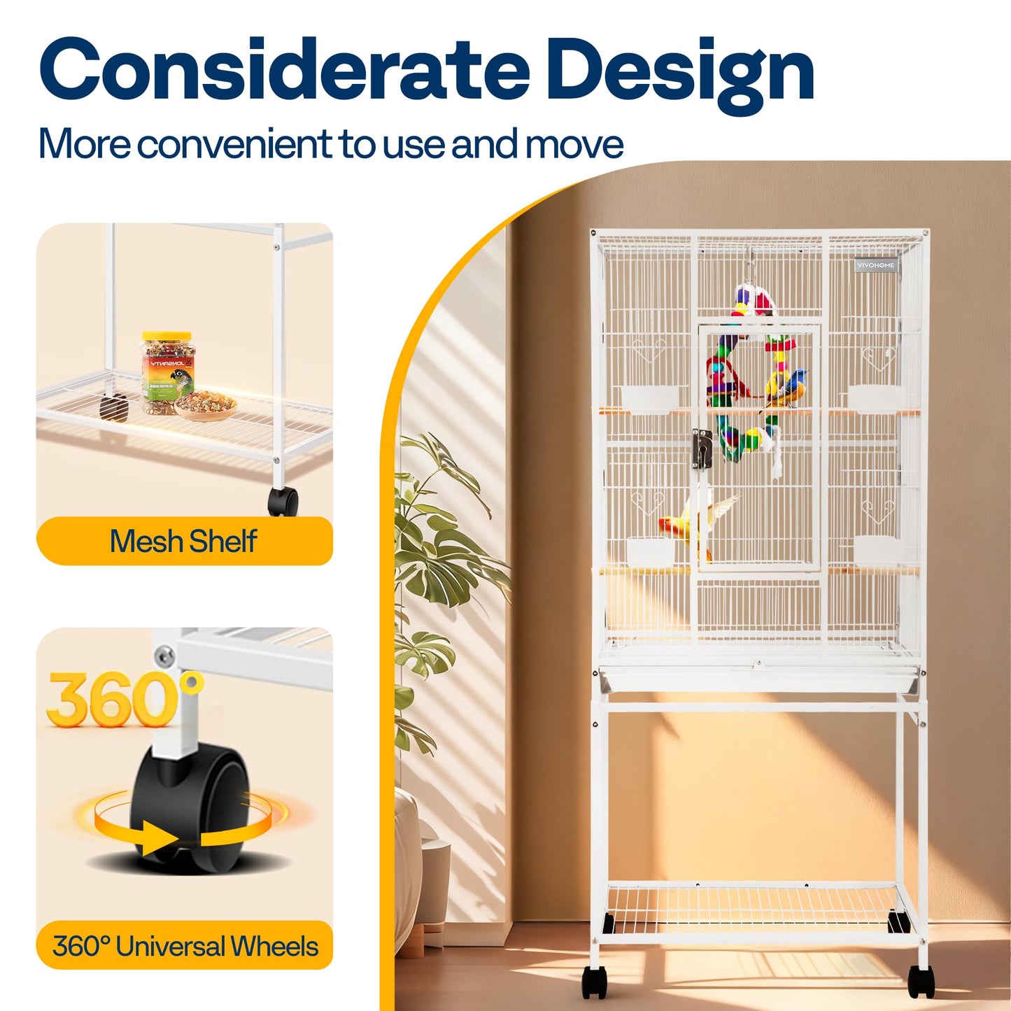 VIVOHOME 54 Inch Wrought Iron Large Bird Flight Cage with Rolling Stand for Parakeets Canaries Cockatiels Lovebirds Conures, Black