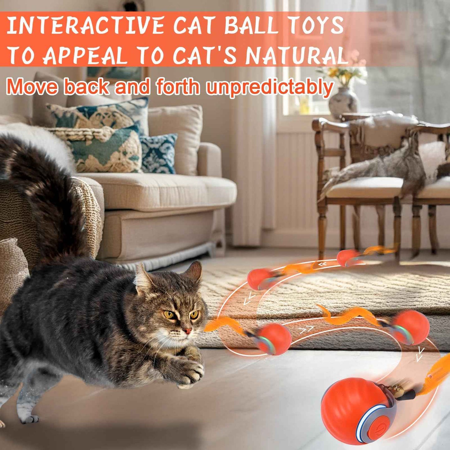 BABORUI Interactive Cat Toy Ball - Automatic Interactive Cat Toys for Indoor Cats with 3 Tails, 2 Speeds Rechargeable Cat Enrichment Toys for Small/Medium/Large Cats to Keep Them Busy(Blue)