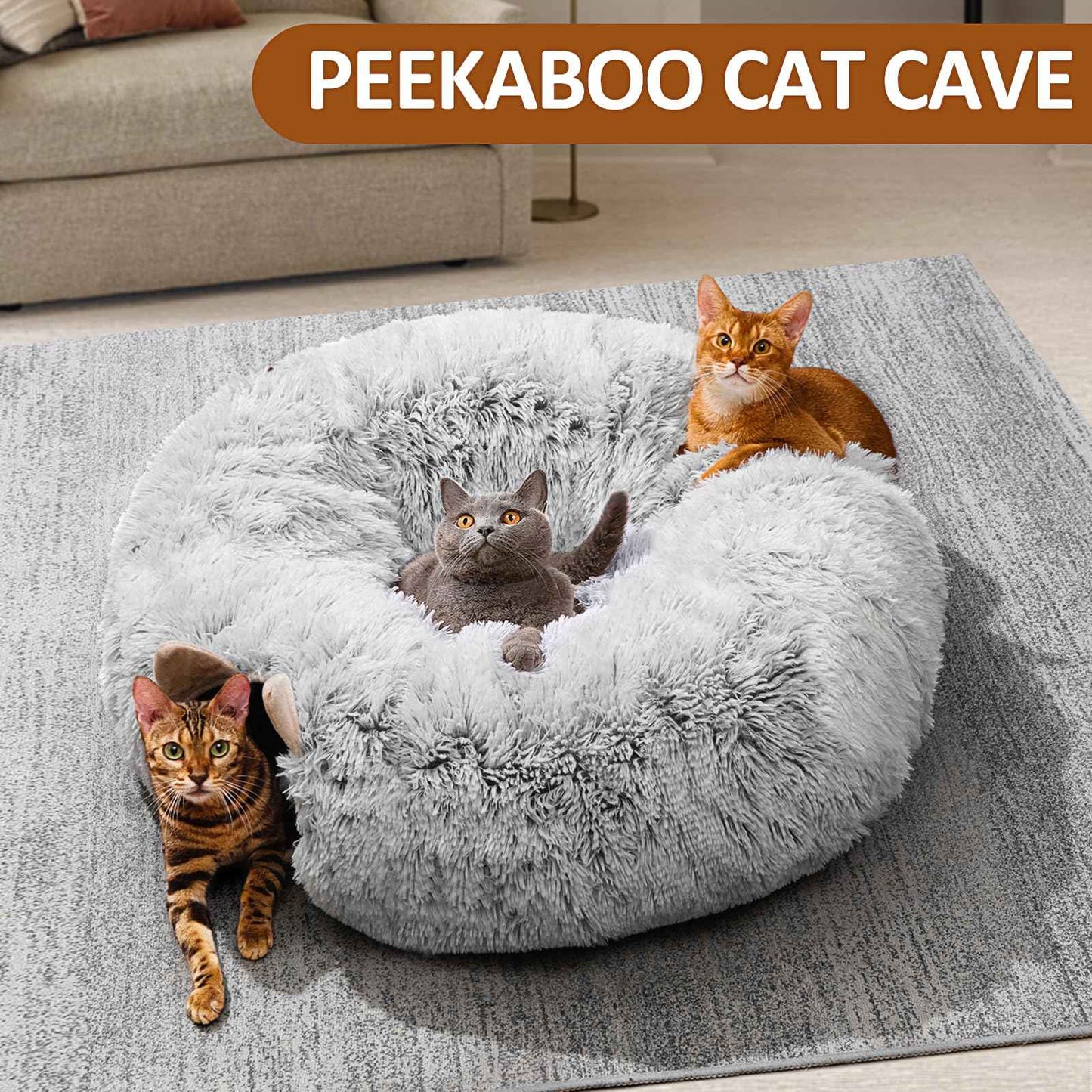 Cat Tunnel with Cat Bed for Indoor Cats, Under Christmas Tree Soft Plush Peekaboo Cat Cave Donut Tunnel, Multifunctional Playground Toys Hideplace for Kittens, Rabbit, Ferret (Grey)