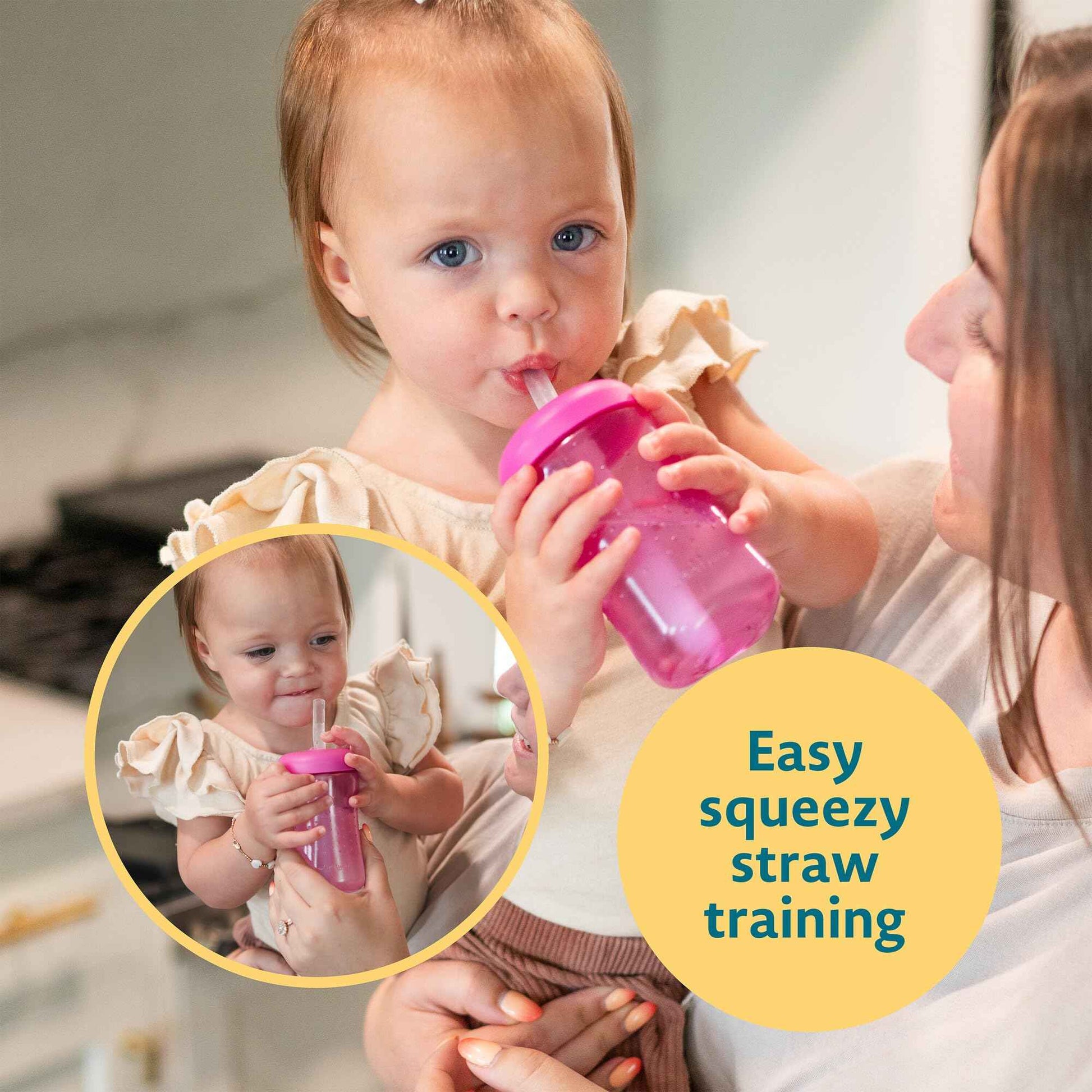 The First Years Squeeze & Sip Toddler Straw Cups - Squeezable Transition Sippy Cup with Silicone Straw - Toddler Feeding Supplies - Pink/Purple/Blue - 7 Oz - 3 Count - Ages 6 Months and Up