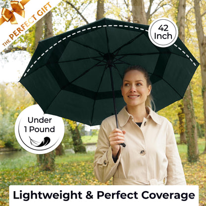 TUMELLA Strongest Windproof Travel Umbrella (Compact, 100MPH Wind-Tested), Light, Portable, One-Handed Use, Automatic Folding Rain Umbrella, Durable, Premium Grip, Fits Car & Backpack