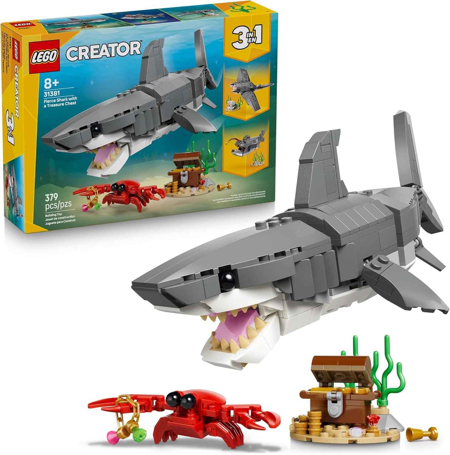 LEGO Creator Fierce Shark with a Treasure Chest Building Toy for Boys & Girls - Kids Build a Shark, Fish, or Manta Ray Animal Figure - Bedroom or Shelf Decor for Ages 8+ - 31381