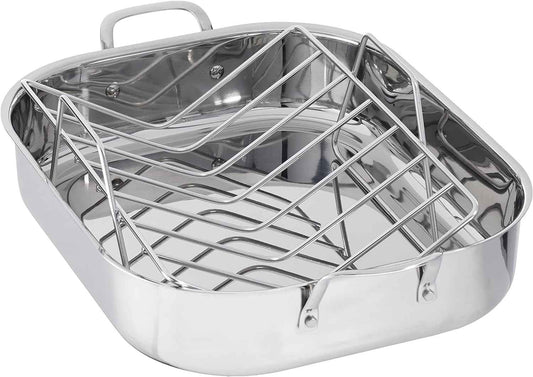 Amazon Basics Stainless Steel Rectangular Roasting Pan with Rack, 16 in