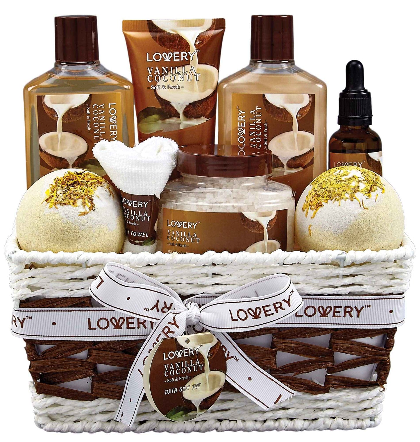 Gifts For Women Gift Basket for Women– 9 Piece Christmas Gifts Set of Vanilla Coconut Home Spa Set, Luxurious Holiday Bath and Body Sets Includes Fragrant Lotions, Extra Large Bath Bombs, Coconut Oil