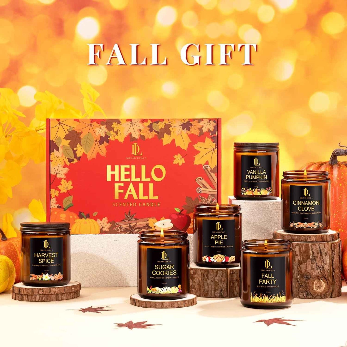 Fall Candle Set, Fall Scented Candles for Home, 4 Pack Soy Candle Set, Autumn Gifts for Women Men, Autumn Scents of Vanilla Pumpkin/Cinnamon Clove/Apple Pie/Fall Party