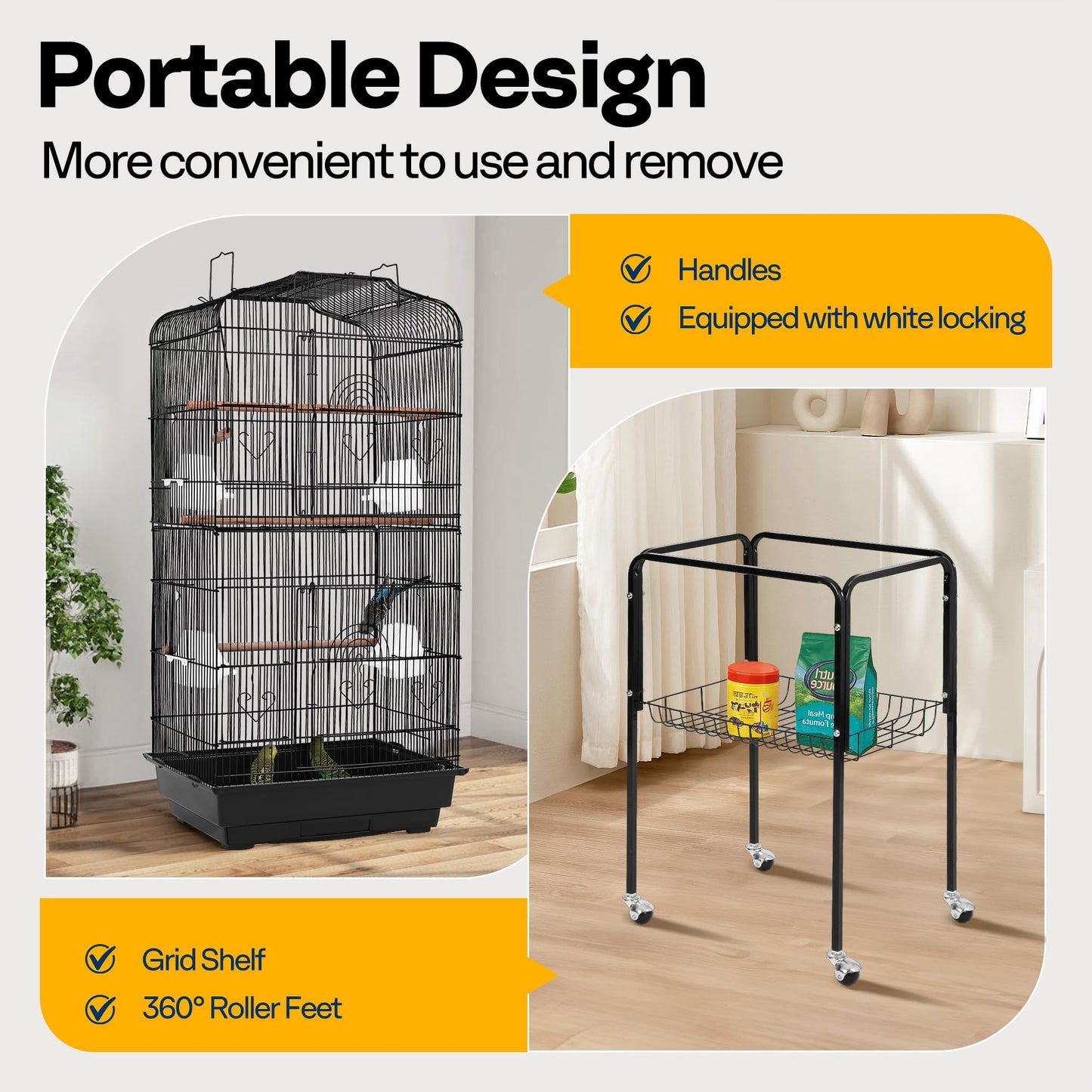 VIVOHOME 64 Inch Bird Cage with Play Top and Rolling Stand for Parrots Conures Lovebird Cockatiel Parakeets Gray