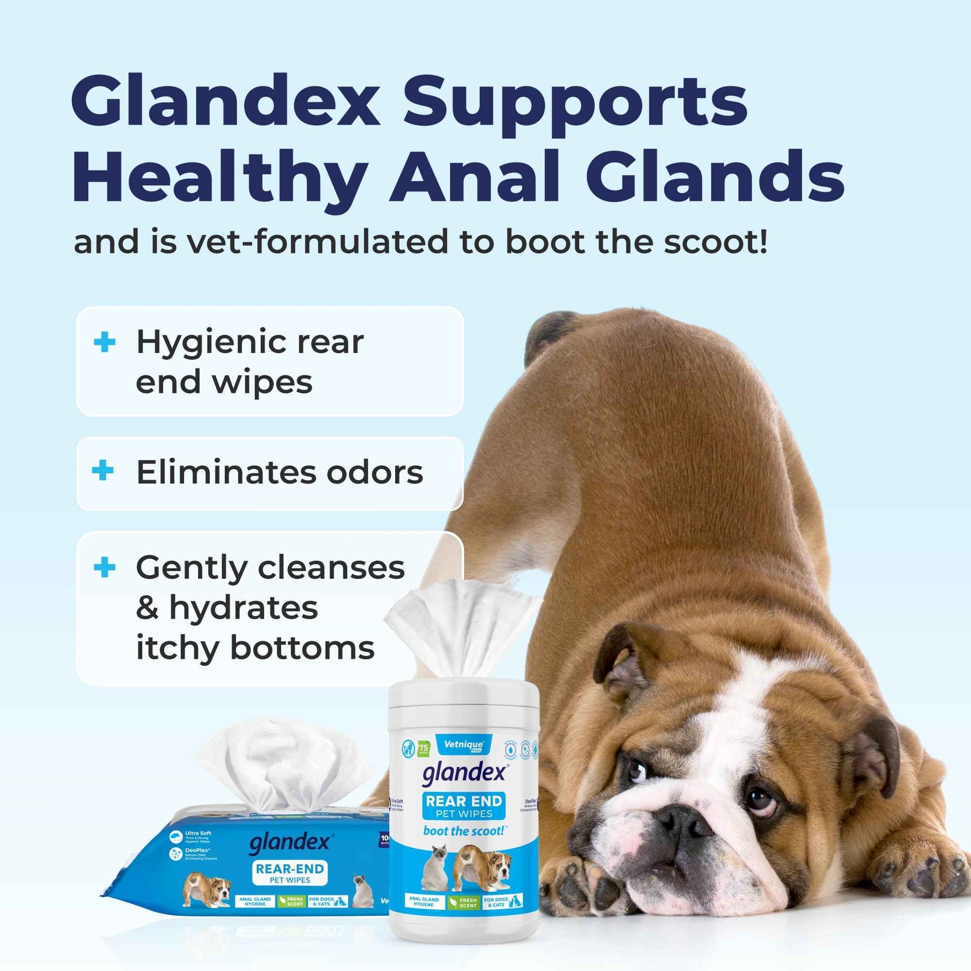 Vetnique Glandex Dog Wipes for Pets Cleansing & Deodorizing Anal Gland Hygienic Dog & Cat Wipes with Vitamin E, Skin Conditioners and Aloe (75ct)