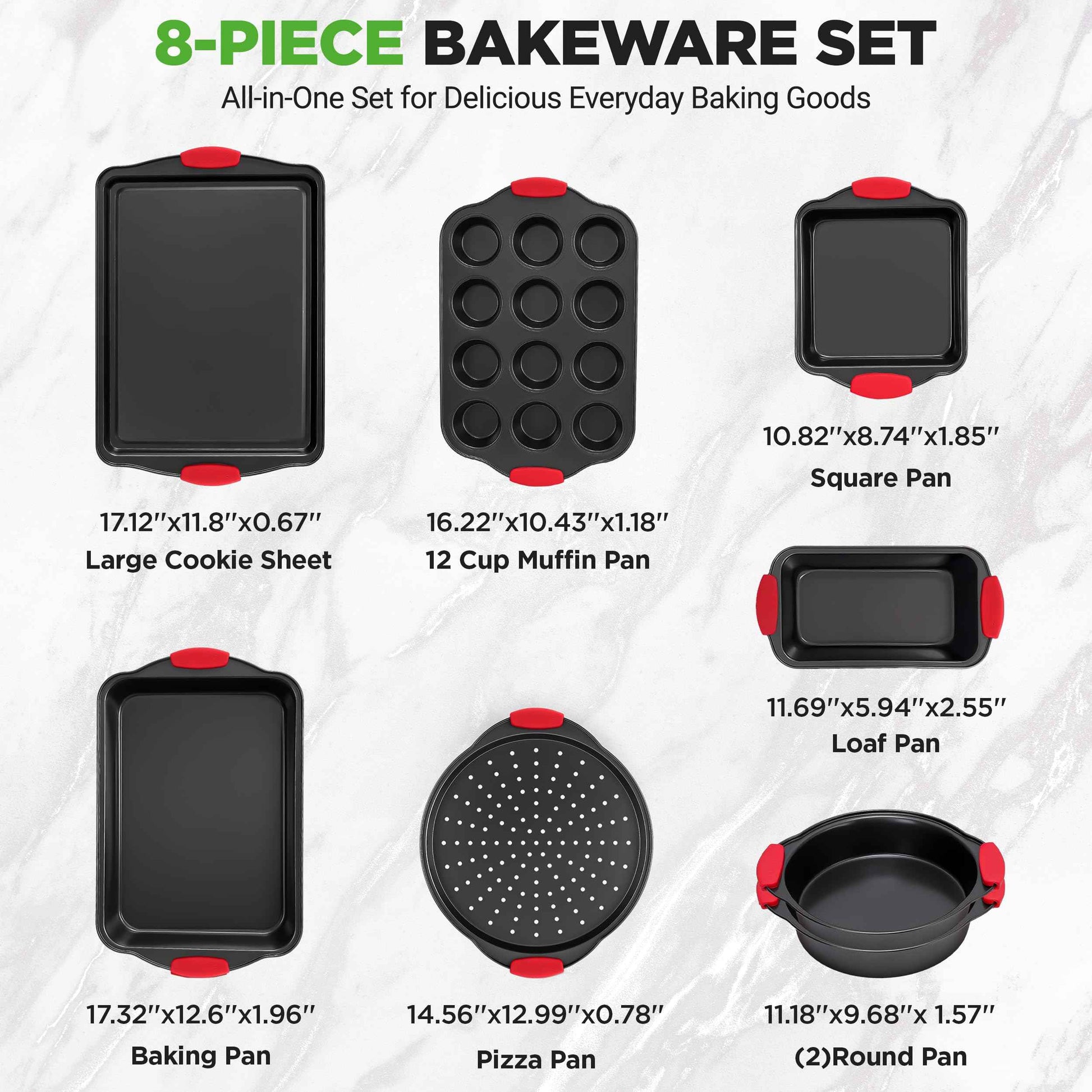 NutriChef 3-Piece Nonstick Kitchen Oven Baking Pans - Premium & Stylish Non-Stick Steel, Commercial Grade Restaurant Quality Metal Bakeware with Red Silicone Handles - Easy to Clean, NCSBS3S