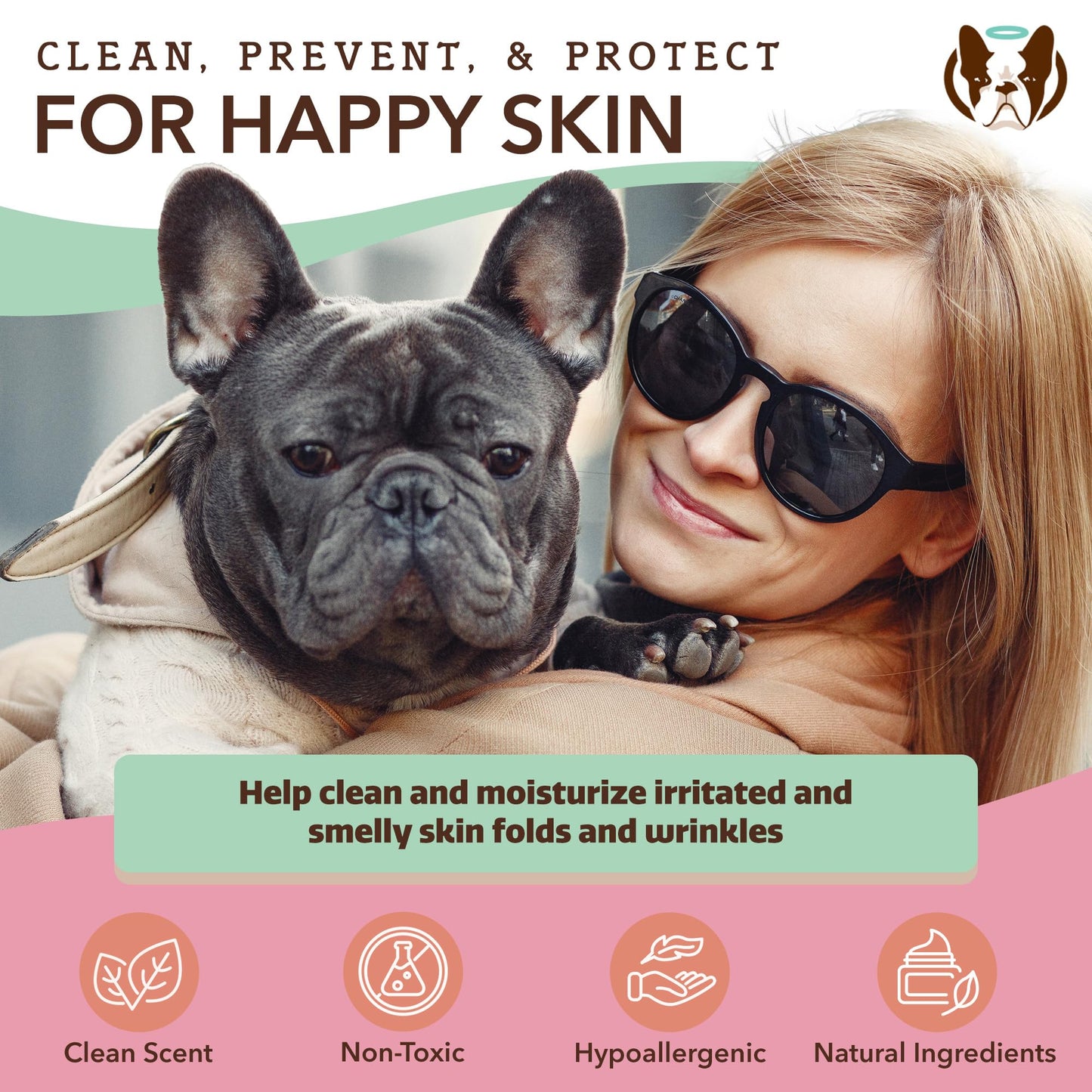 Natural Dog Company Wrinkle Wipes for Dogs, 100 Count, Hypoallergenic Dog Wipes, Wrinkle Wipes French Bulldog, Cleaning & Deodorizing, Dog Wipes for Grooming Faces, Paws & Butts