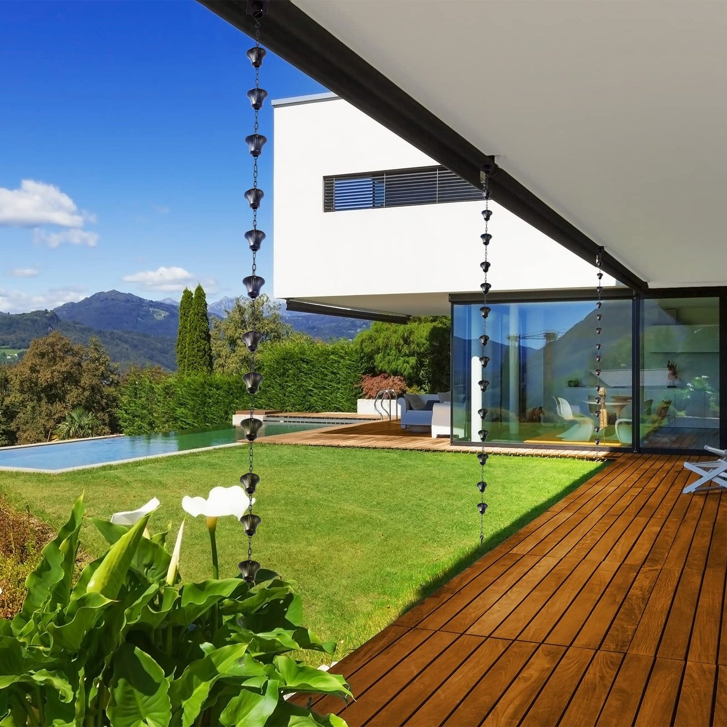 Rain Chain Bird Cage Set 8.5Ft, Not Rust Wrought Iron Rain Chains for Gutters with Adapter Gotta Drain and Sturdy Anchoring Stake,13 Cups, 1 Hook, Adjustable Length for Garden Decorative (Coffee)