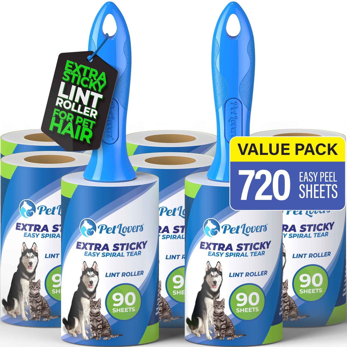 PetLovers Extra Sticky Lint Roller Mega Value Set 450 Sheets for Pet Hair Removal and Clothes, Dog and Cat Lint Remover 5 Pack