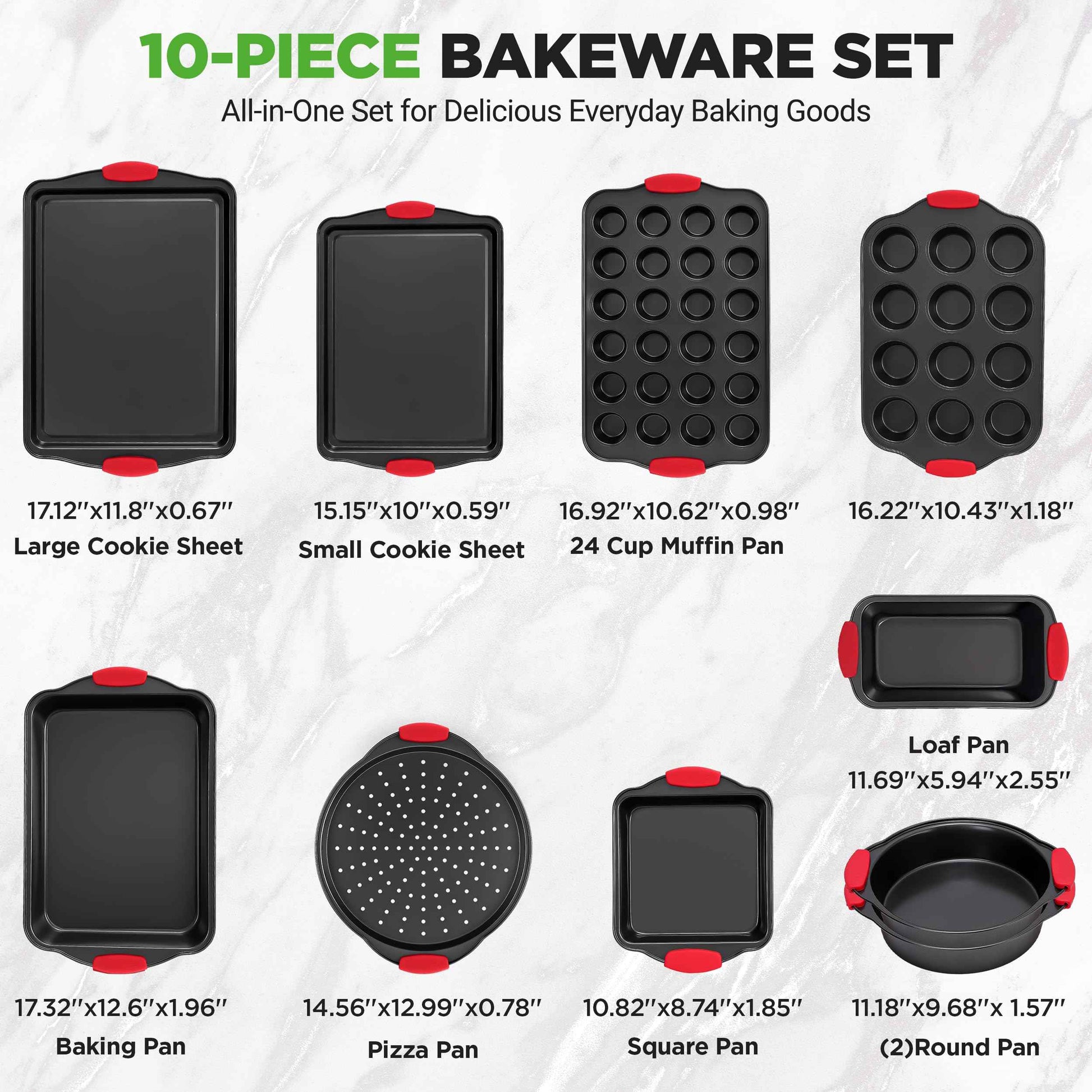 NutriChef 3-Piece Nonstick Kitchen Oven Baking Pans - Premium & Stylish Non-Stick Steel, Commercial Grade Restaurant Quality Metal Bakeware with Red Silicone Handles - Easy to Clean, NCSBS3S