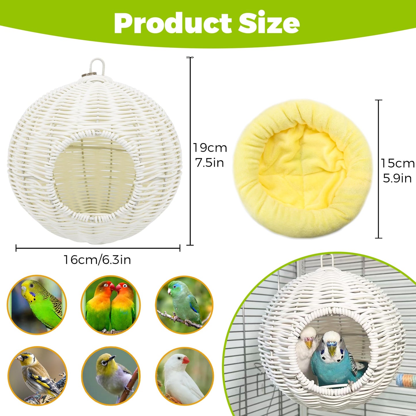Chewproof Steel Frame Bird Nest for Cage, Washable Small Bird Bed Hammock Hideout Lay Eggs Parakeet Nest Sleep, Parakeet Warm Bed House Hut for Lovebird, Canary, Budgie, Finch (Brown)