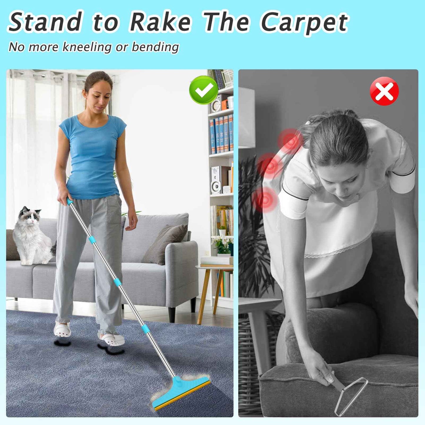 Carpet Rake for Pet Hair Removal - Reusable Pet Hair Remover, 60” Adjustable Long Handle Cat Dog Carpet Rake Scraper with Patented Design, Dog Hair Rake Brush for Rugs, Mats