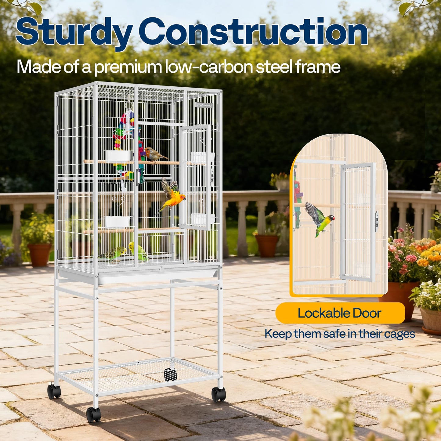 VIVOHOME 54 Inch Wrought Iron Large Bird Flight Cage with Rolling Stand for Parakeets Canaries Cockatiels Lovebirds Conures, Black