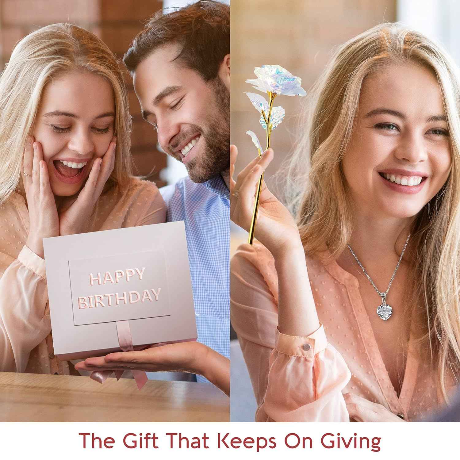 Birthday Gifts for Women, Birthday Spa Gift Basket for Women, Luxury Birthday Spa Gift Box with Vit E, Rich Bath Essentials, Diffuser, Candle, Sterling Silver CZ Heart Necklace, 24k Flower Rose & More