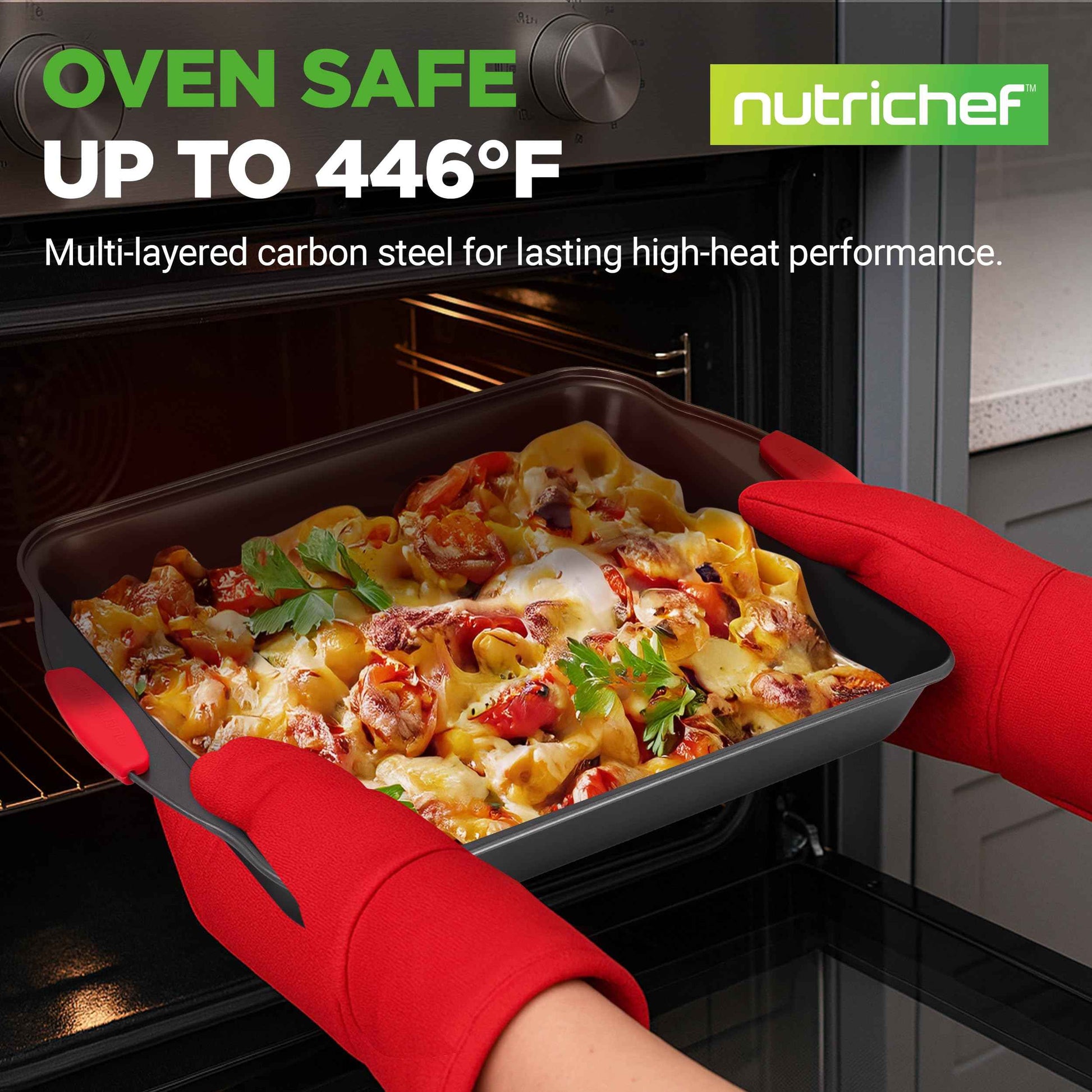 NutriChef 3-Piece Nonstick Kitchen Oven Baking Pans - Premium & Stylish Non-Stick Steel, Commercial Grade Restaurant Quality Metal Bakeware with Red Silicone Handles - Easy to Clean, NCSBS3S