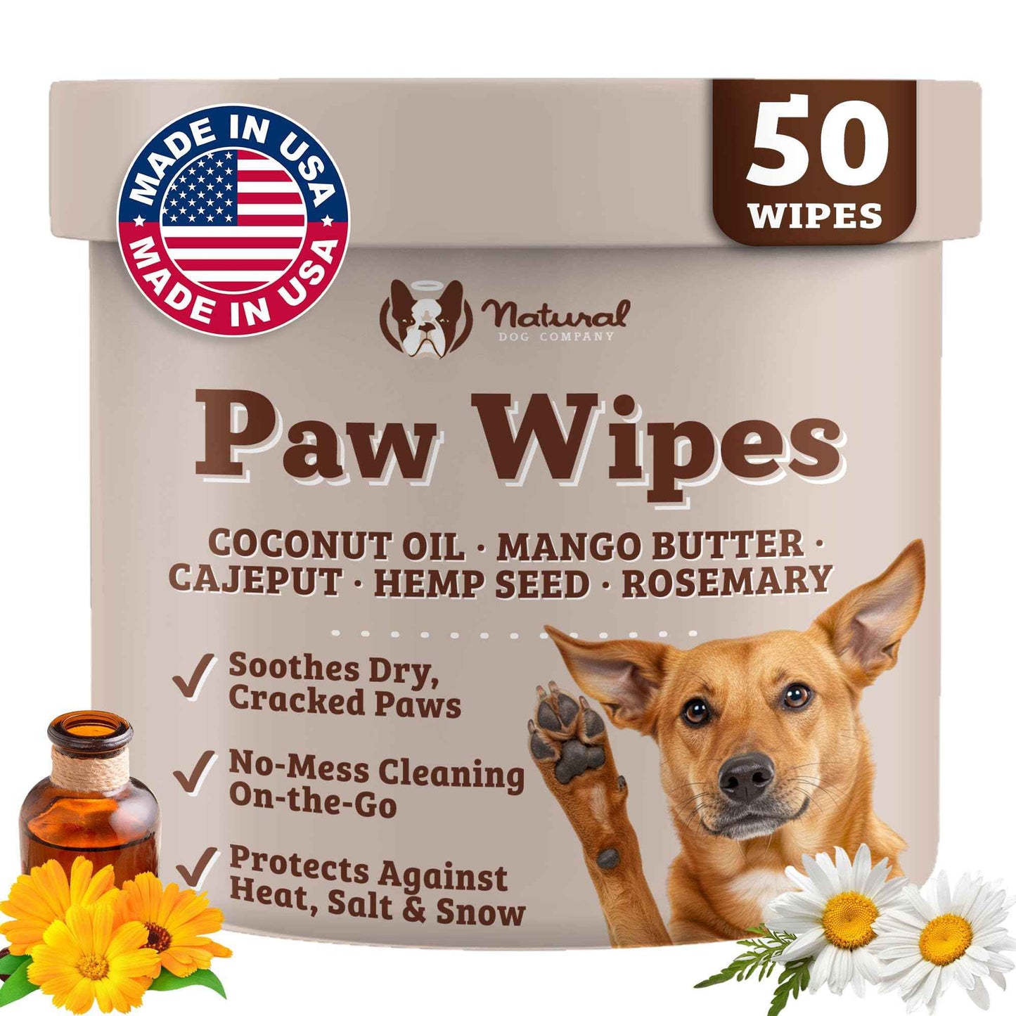 Natural Dog Company Wrinkle Wipes for Dogs, 100 Count, Hypoallergenic Dog Wipes, Wrinkle Wipes French Bulldog, Cleaning & Deodorizing, Dog Wipes for Grooming Faces, Paws & Butts