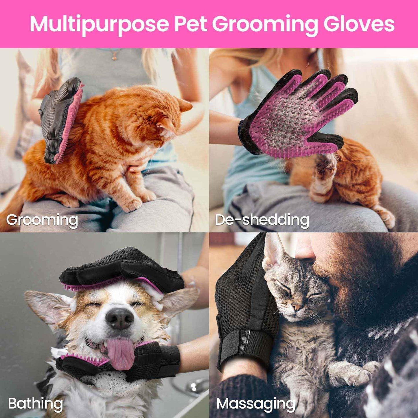 Upgrade Efficient Pet Hair Remover Gloves - Gentle Shedding Brushes for Dogs, Cats & Horses with Long and Short Hair - 1 Pair (Blue)