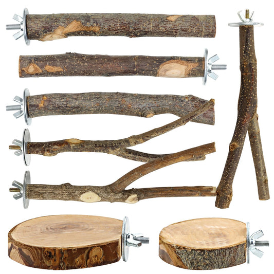Natural Wood Bird Perches for Cage, Parrot Perch Stand & Platform, Bird Cage Accessories for Parakeets, Cockatiels, Conures, Lovebirds (Brown, Core Perch & Platform - 8PCS)
