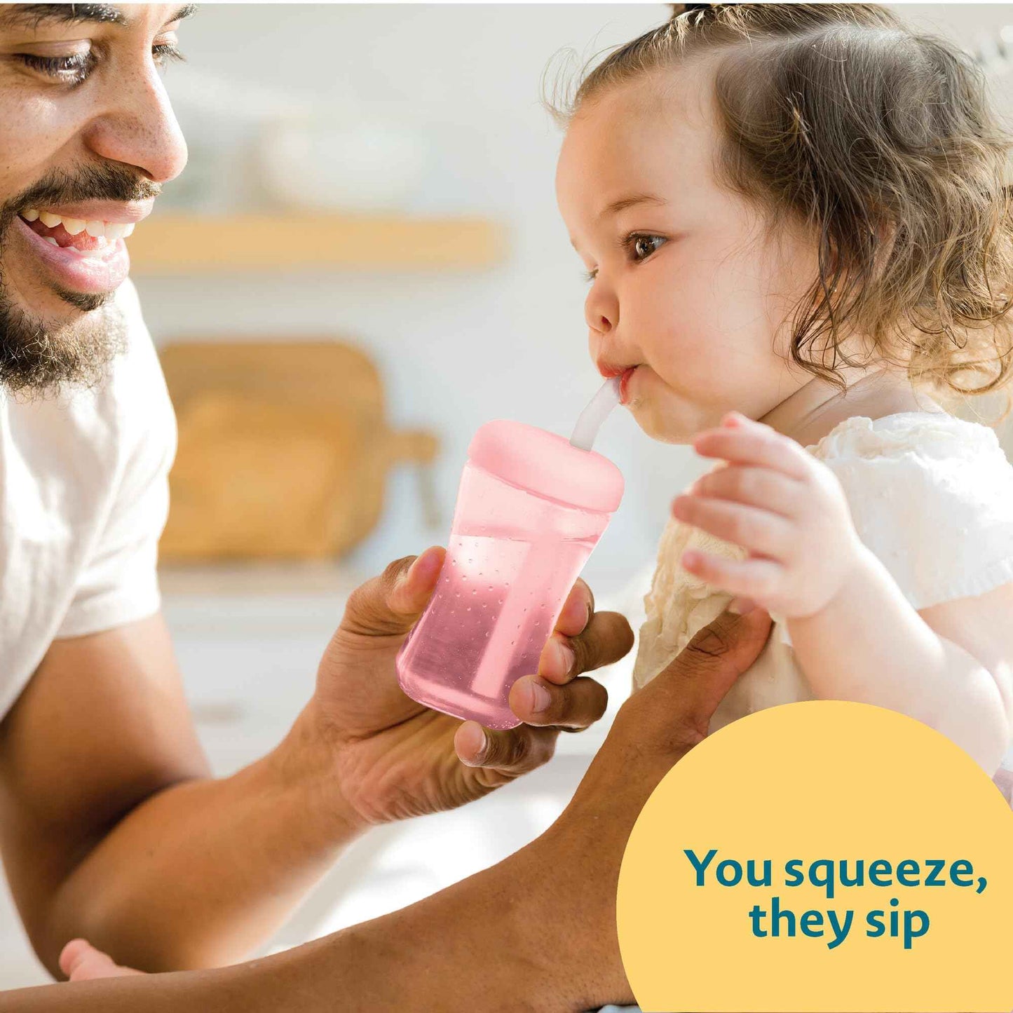The First Years Squeeze & Sip Toddler Straw Cups - Squeezable Transition Sippy Cup with Silicone Straw - Toddler Feeding Supplies - Pink/Purple/Blue - 7 Oz - 3 Count - Ages 6 Months and Up