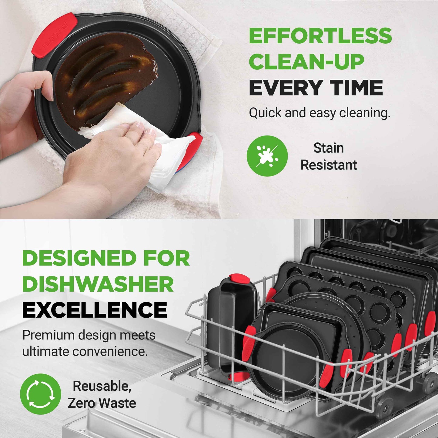 NutriChef 3-Piece Nonstick Kitchen Oven Baking Pans - Premium & Stylish Non-Stick Steel, Commercial Grade Restaurant Quality Metal Bakeware with Red Silicone Handles - Easy to Clean, NCSBS3S