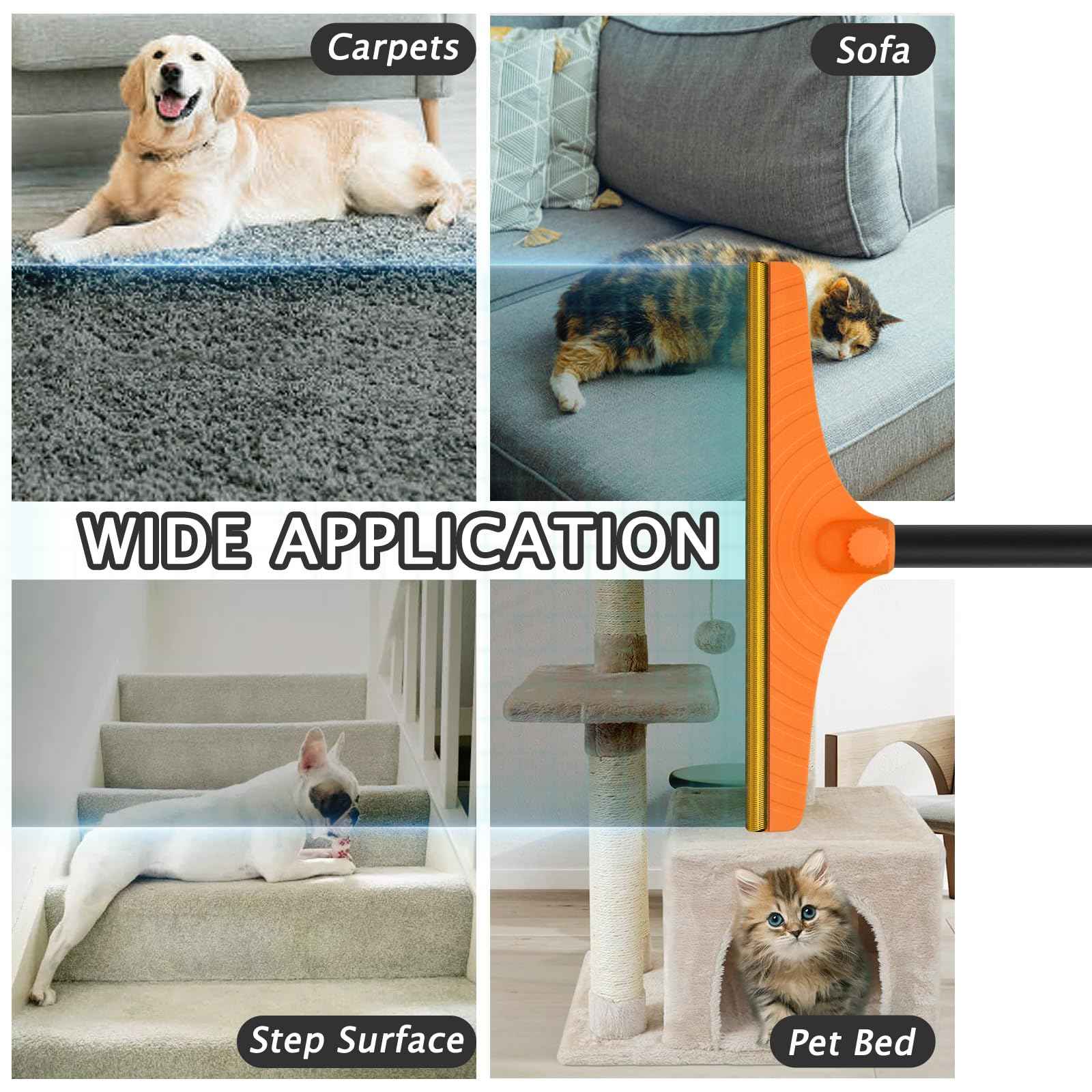 Carpet Rake for Pet Hair Removal - Reusable Pet Hair Remover, 60” Adjustable Long Handle Cat Dog Carpet Rake Scraper with Patented Design, Dog Hair Rake Brush for Rugs, Mats