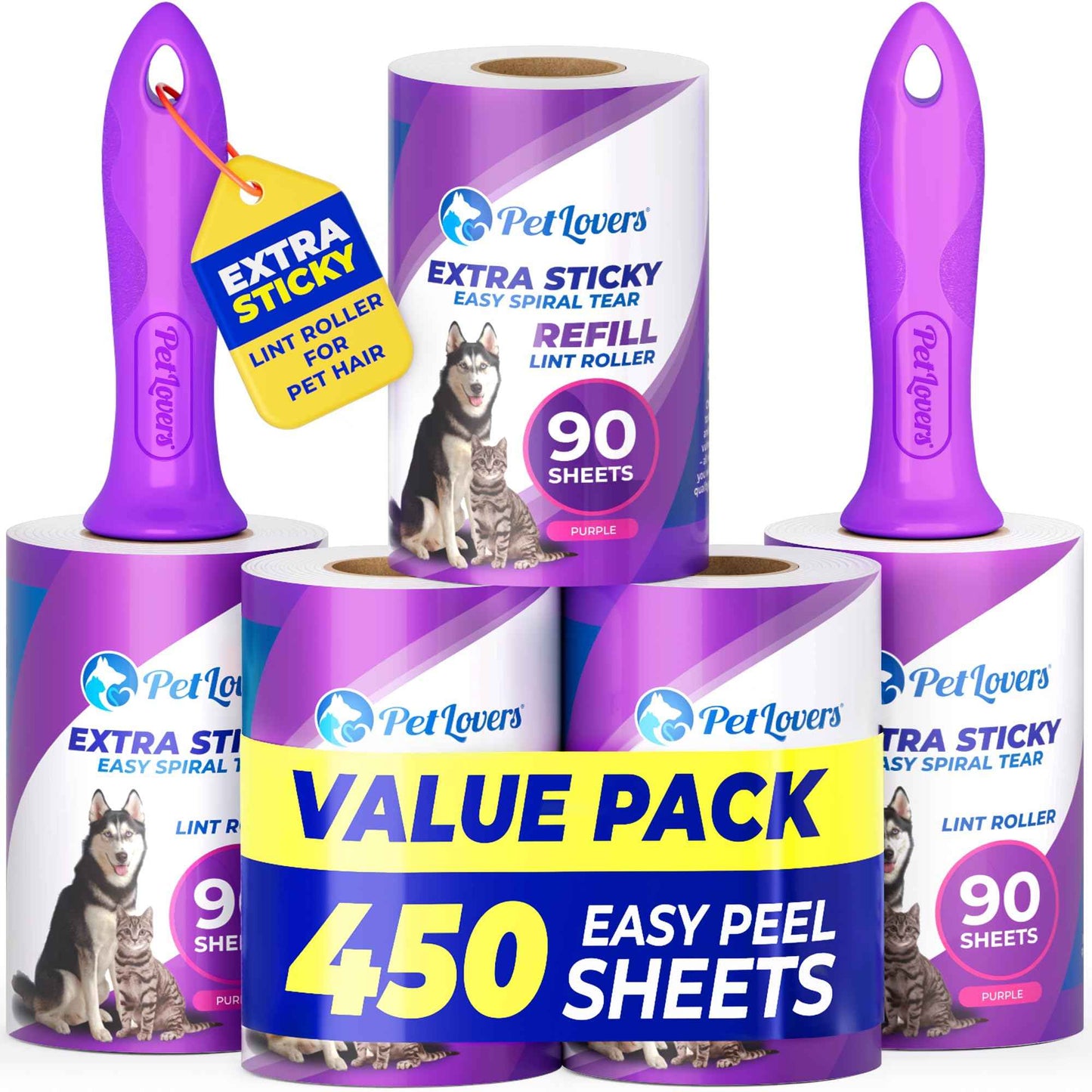PetLovers Extra Sticky Lint Roller Mega Value Set 450 Sheets for Pet Hair Removal and Clothes, Dog and Cat Lint Remover 5 Pack