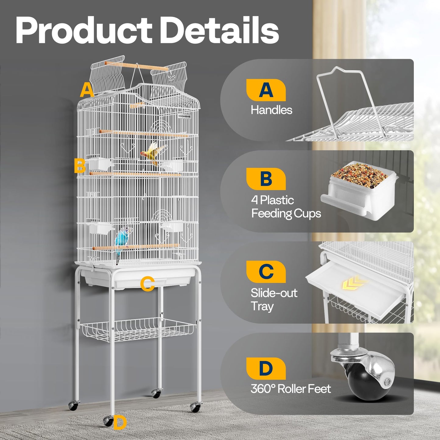 VIVOHOME 64 Inch Bird Cage with Play Top and Rolling Stand for Parrots Conures Lovebird Cockatiel Parakeets Gray