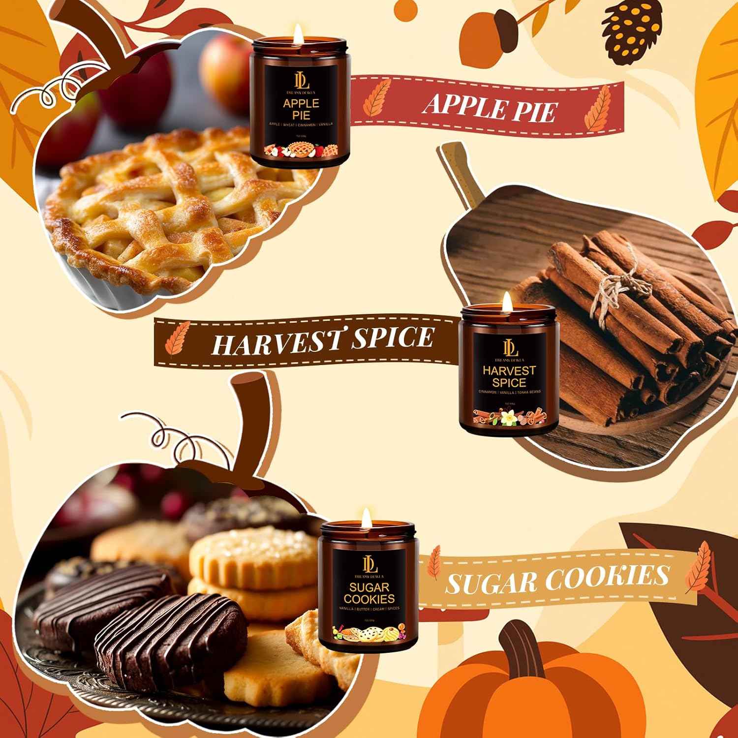 Fall Candle Set, Fall Scented Candles for Home, 4 Pack Soy Candle Set, Autumn Gifts for Women Men, Autumn Scents of Vanilla Pumpkin/Cinnamon Clove/Apple Pie/Fall Party