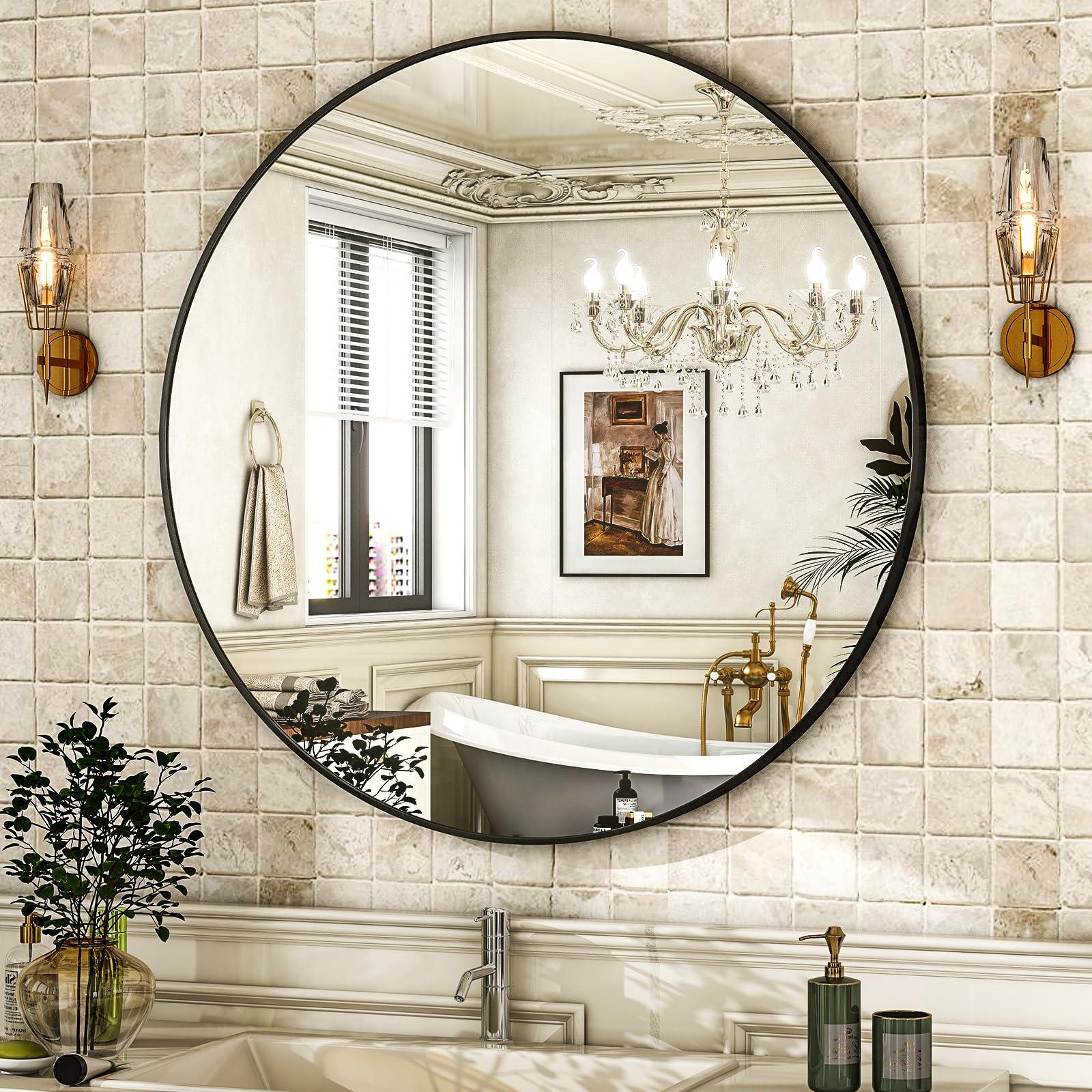 HARRITPURE Round Mirror 30 Black Wall Mounted Circle Mirrors Vanity Mirror with Brushed Aluminum Alloy Frame Modern Decoration for Bathroom, Living Room, Vanity, Bedroom, Entryway - Jlhbookstore.store