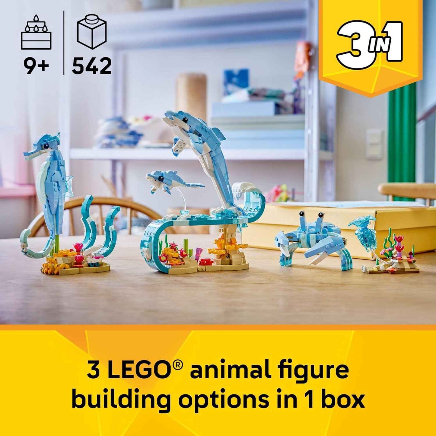 LEGO Creator 3 in 1 Sea Animals: Beautiful Dolphins Building Toy for Girls, Boys, & Kids, Ages 8+ - Build a Dolphin, Seahorse, or Crab Animal Figure - Gift Idea for Birthdays - 31385