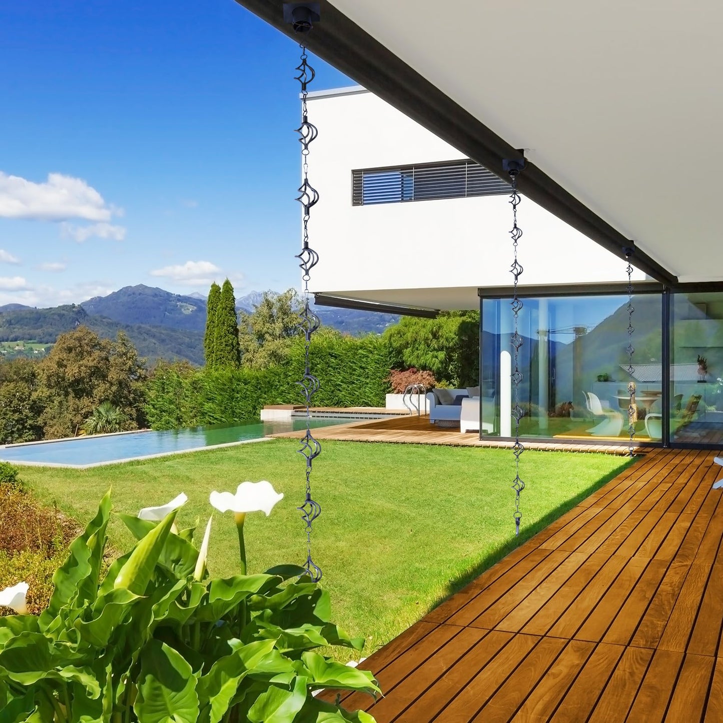 Rain Chain Bird Cage Set 8.5Ft, Not Rust Wrought Iron Rain Chains for Gutters with Adapter Gotta Drain and Sturdy Anchoring Stake,13 Cups, 1 Hook, Adjustable Length for Garden Decorative (Coffee)