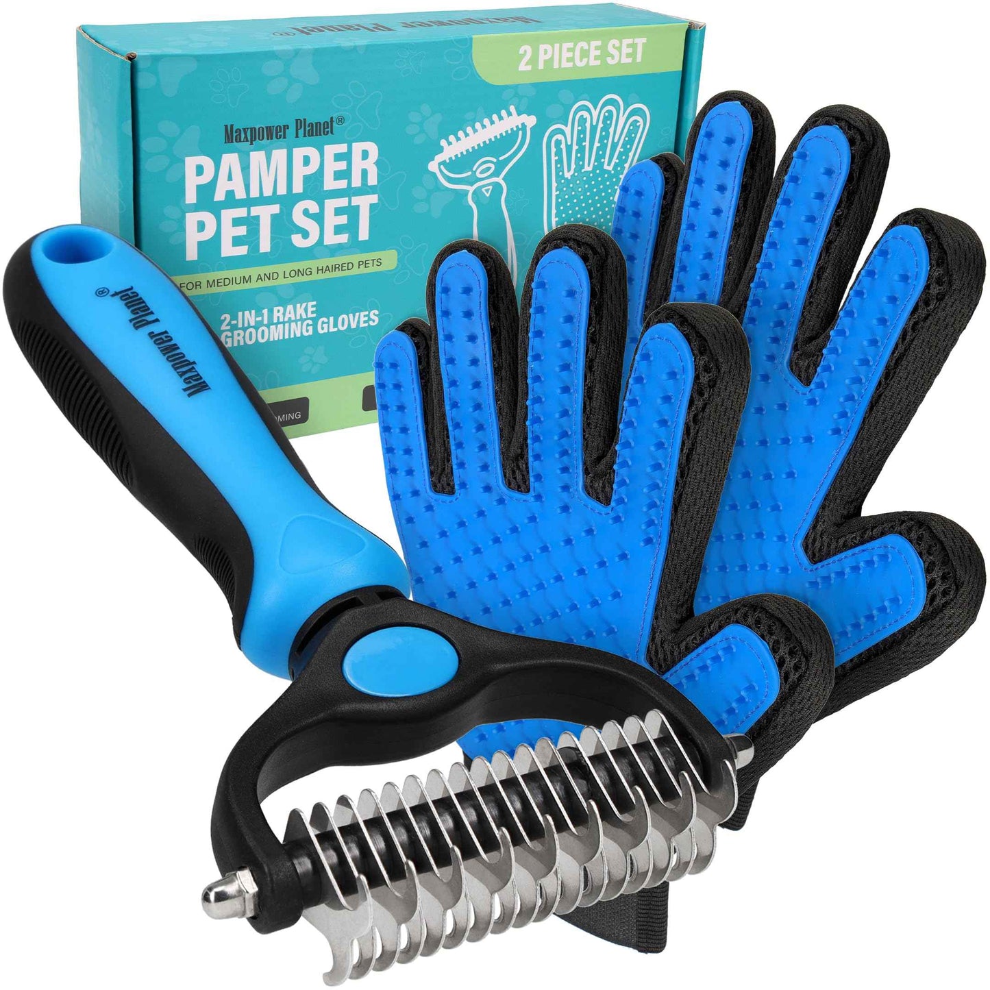 Maxpower Planet Pet Grooming Brush - Double Sided Shedding and Dematting Undercoat Rake Comb for Dogs and Cats,Extra Wide (B1 - Rake, Gloves & Comb, Large)