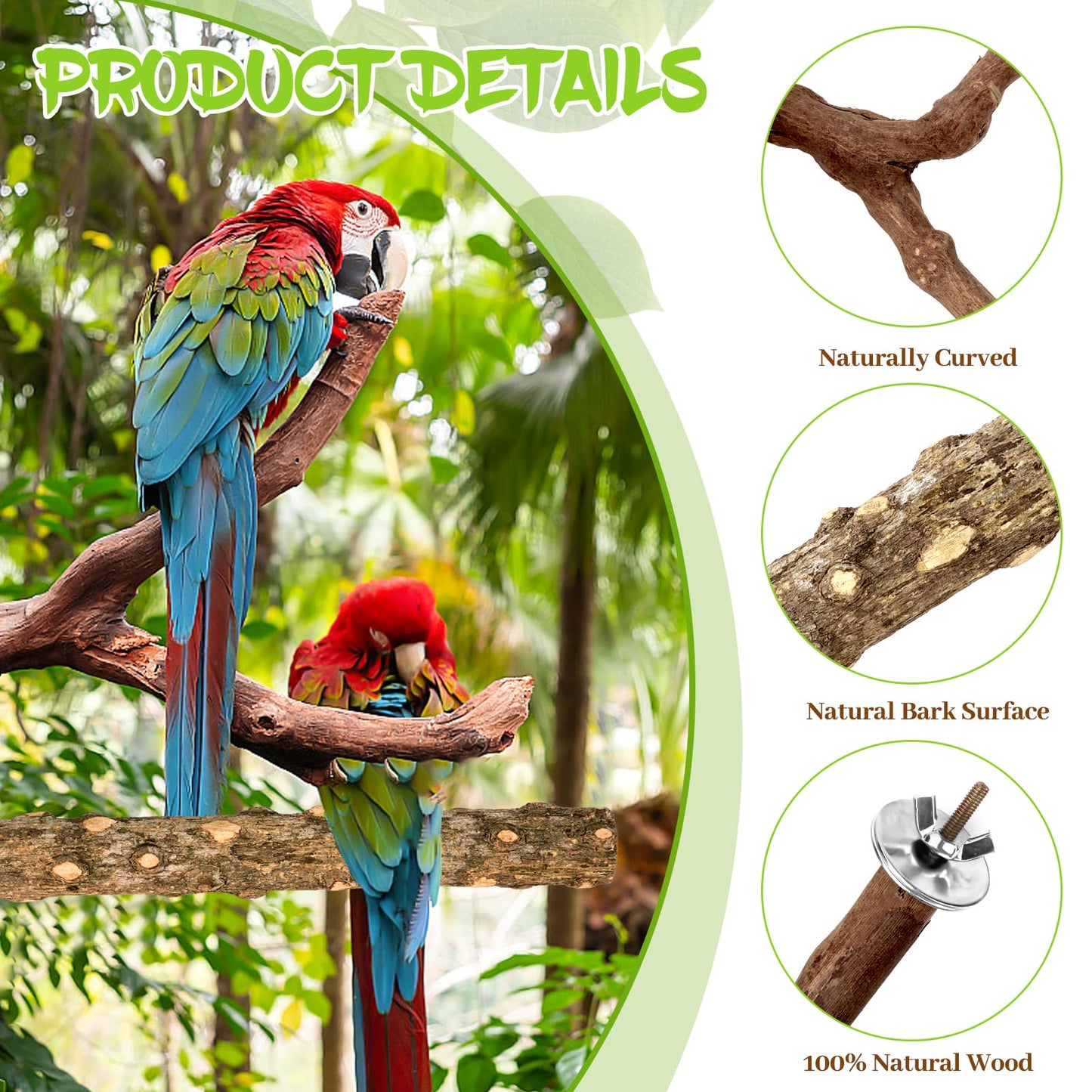 Natural Wood Bird Perches for Cage, Parrot Perch Stand & Platform, Bird Cage Accessories for Parakeets, Cockatiels, Conures, Lovebirds (Brown, Core Perch & Platform - 8PCS)
