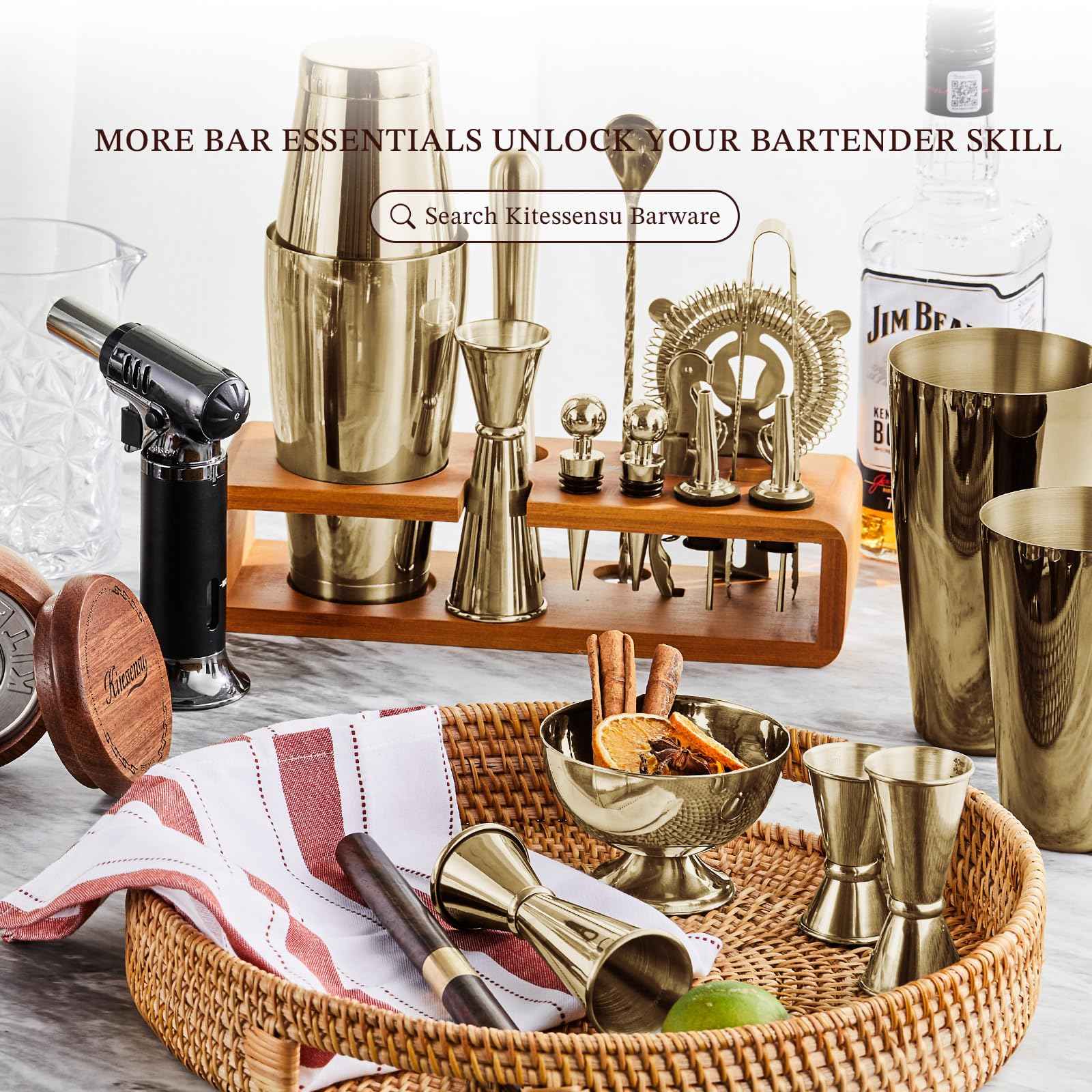 KITESSENSU Cocktail Shaker Set Bartender Kit with Stand | Bar Set Drink Mixer Set with All Essential Accessory Tools: Martini Shaker, Jigger, Strainer, Mixer Spoon, Muddler, Liquor Pourers |Silver