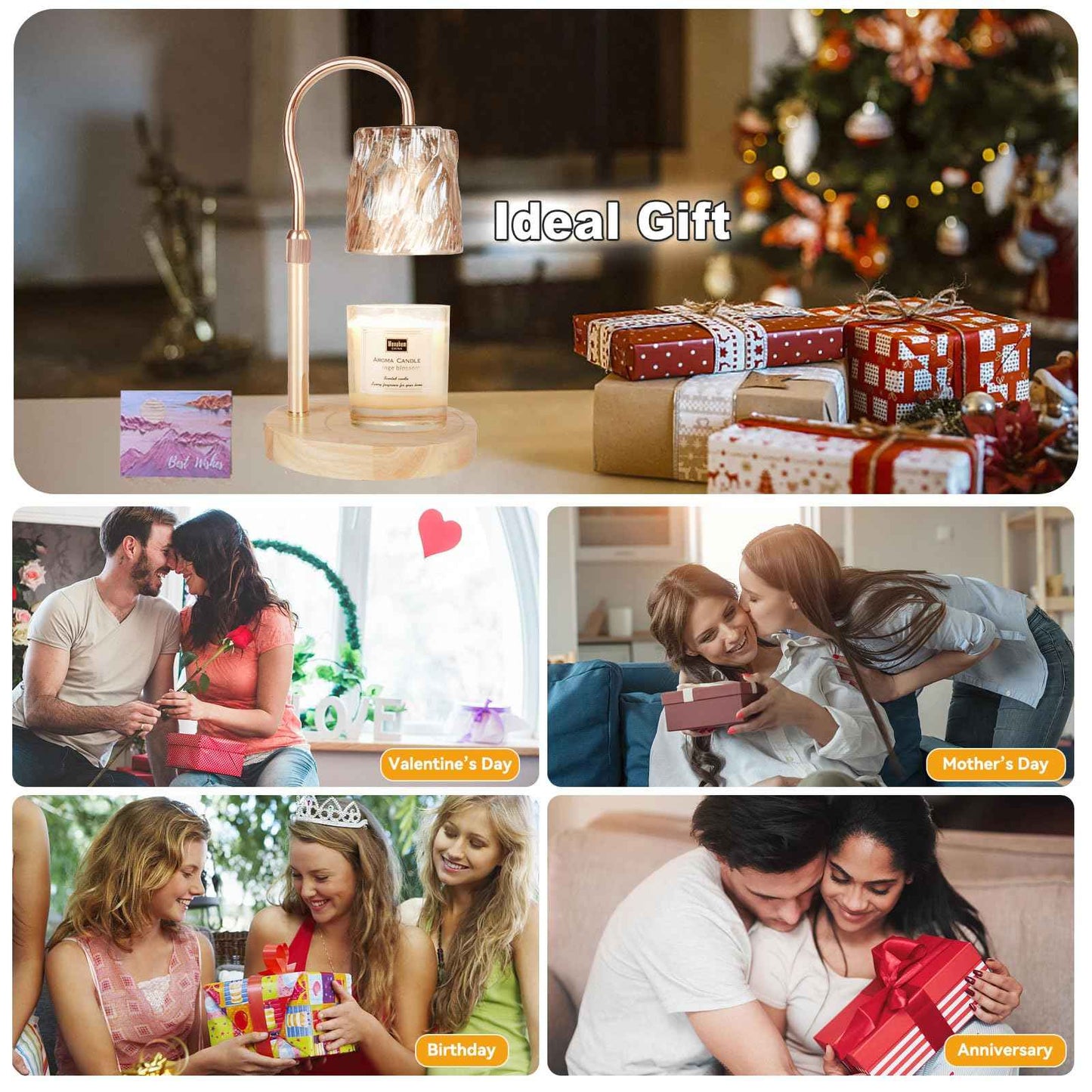 Candle Warmer Lamp with 3 Bulbs, Adjustable Height Dimmable Candle Warmer with Timer, Candle Lamp with Charming Gift Box Ribbon,Birthday Gifts for Women Mom, House Warming Gifts New Home Decor