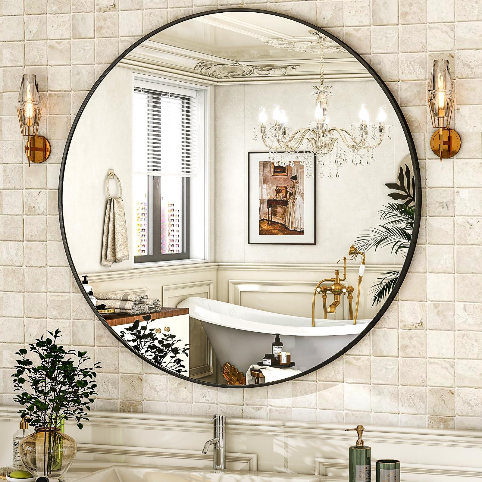 HARRITPURE Round Mirror 30 Black Wall Mounted Circle Mirrors Vanity Mirror with Brushed Aluminum Alloy Frame Modern Decoration for Bathroom, Living Room, Vanity, Bedroom, Entryway - Jlhbookstore.store