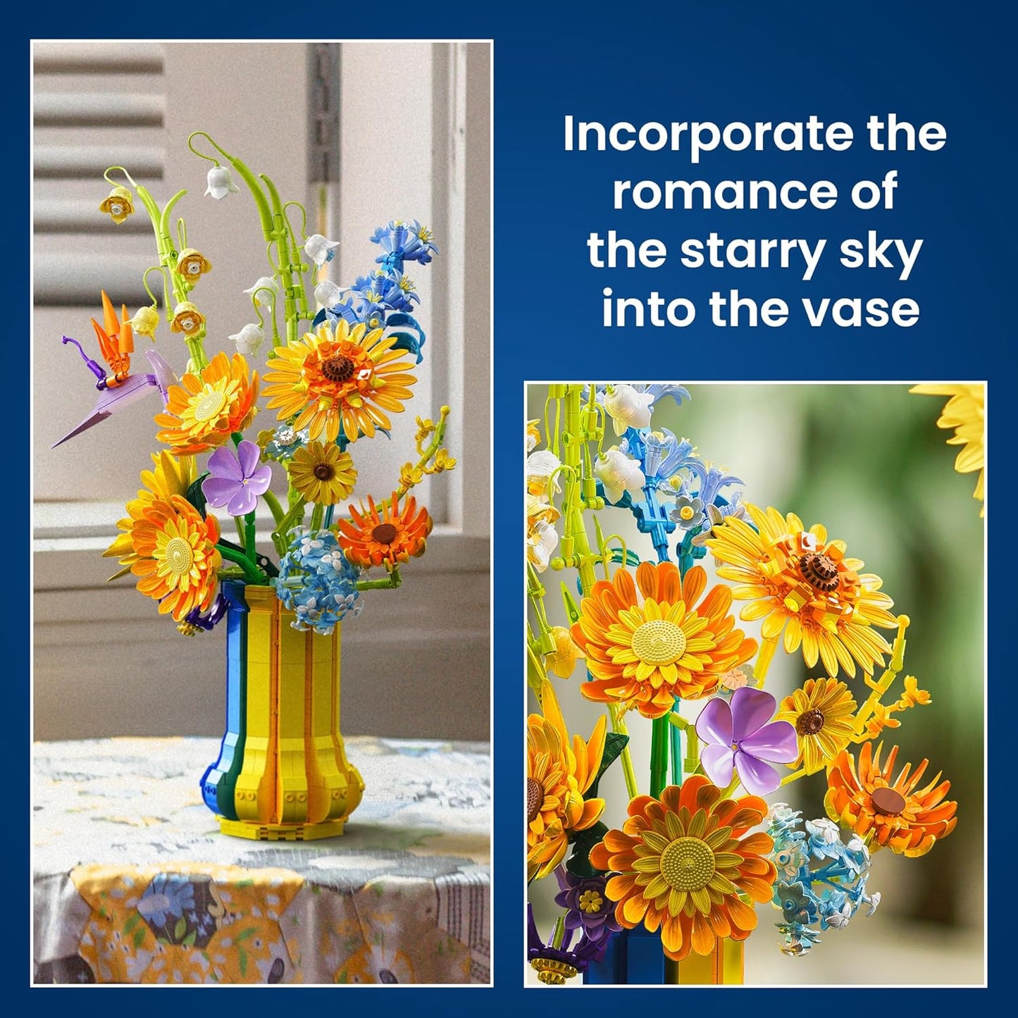 Sunflower Bouquet Building Set for Adults with Vase, Christmas Creative Gift for Women Mom Girlfriends Teens, Buildable Artificial Botanical Flower for Home Office Décor (1147 PCS)