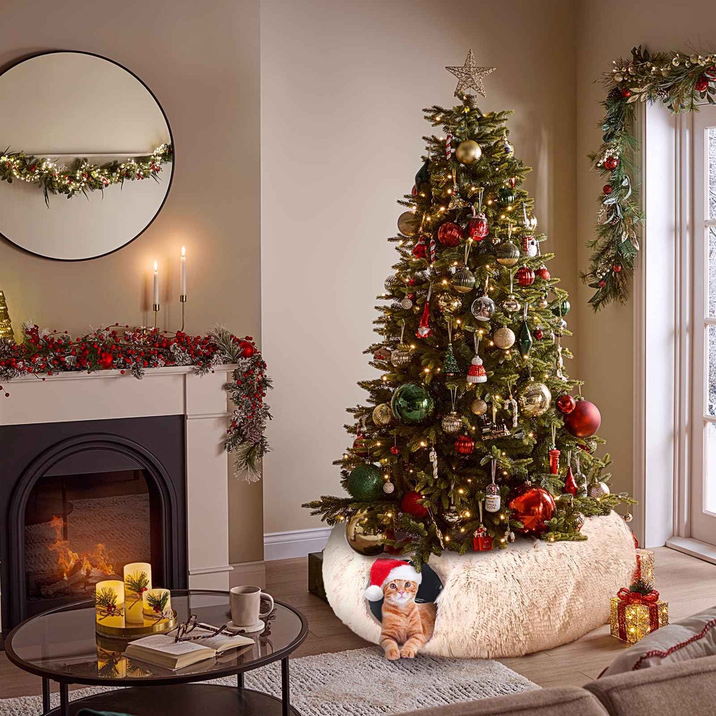 Cat Tunnel with Cat Bed for Indoor Cats, Under Christmas Tree Soft Plush Peekaboo Cat Cave Donut Tunnel, Multifunctional Playground Toys Hideplace for Kittens, Rabbit, Ferret (Grey)