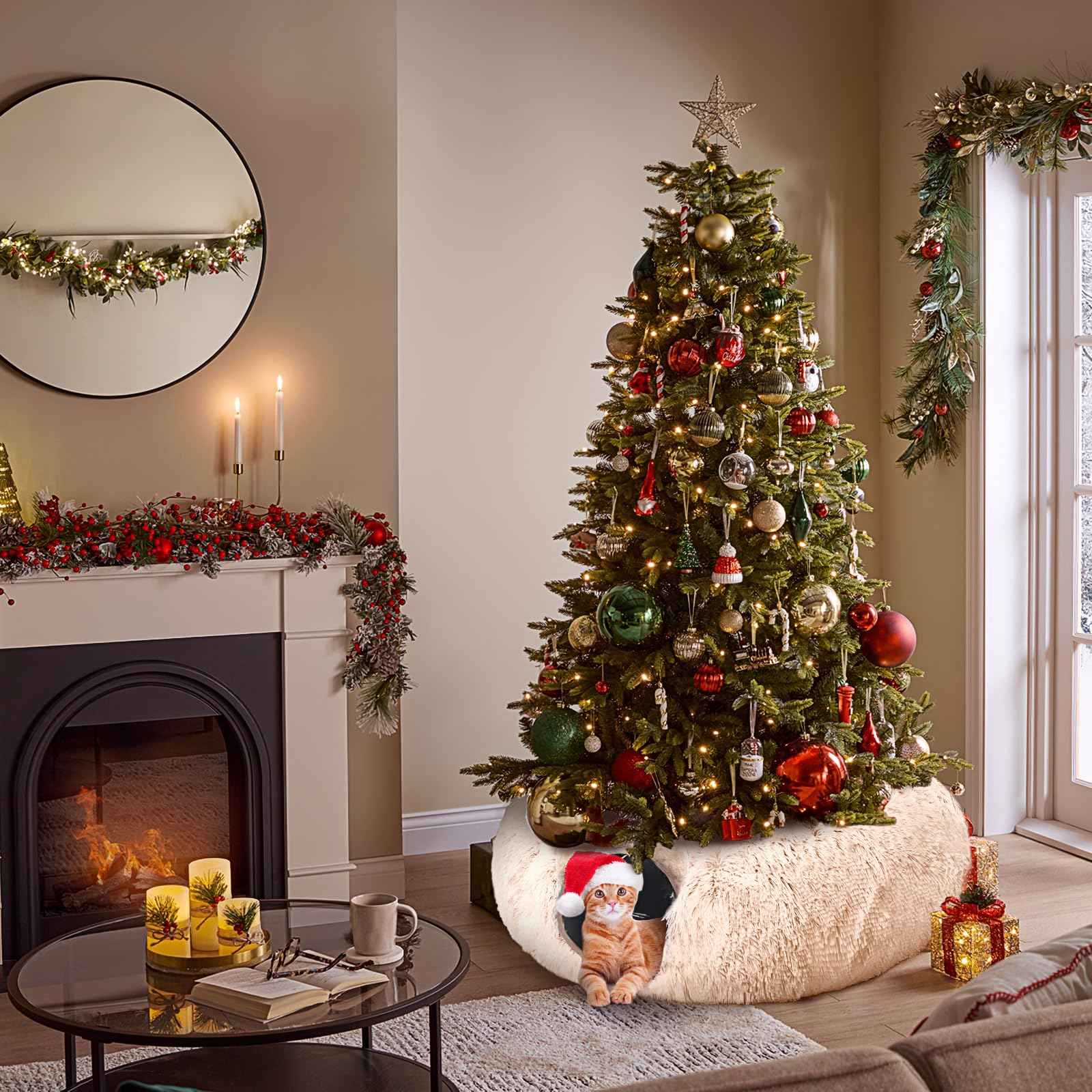 Cat Tunnel with Cat Bed for Indoor Cats, Under Christmas Tree Soft Plush Peekaboo Cat Cave Donut Tunnel, Multifunctional Playground Toys Hideplace for Kittens, Rabbit, Ferret (Grey)