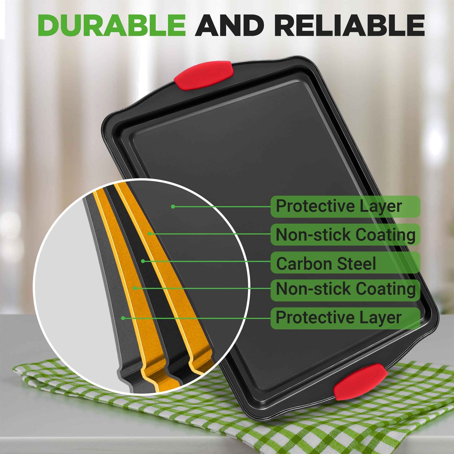 NutriChef 3-Piece Nonstick Kitchen Oven Baking Pans - Premium & Stylish Non-Stick Steel, Commercial Grade Restaurant Quality Metal Bakeware with Red Silicone Handles - Easy to Clean, NCSBS3S