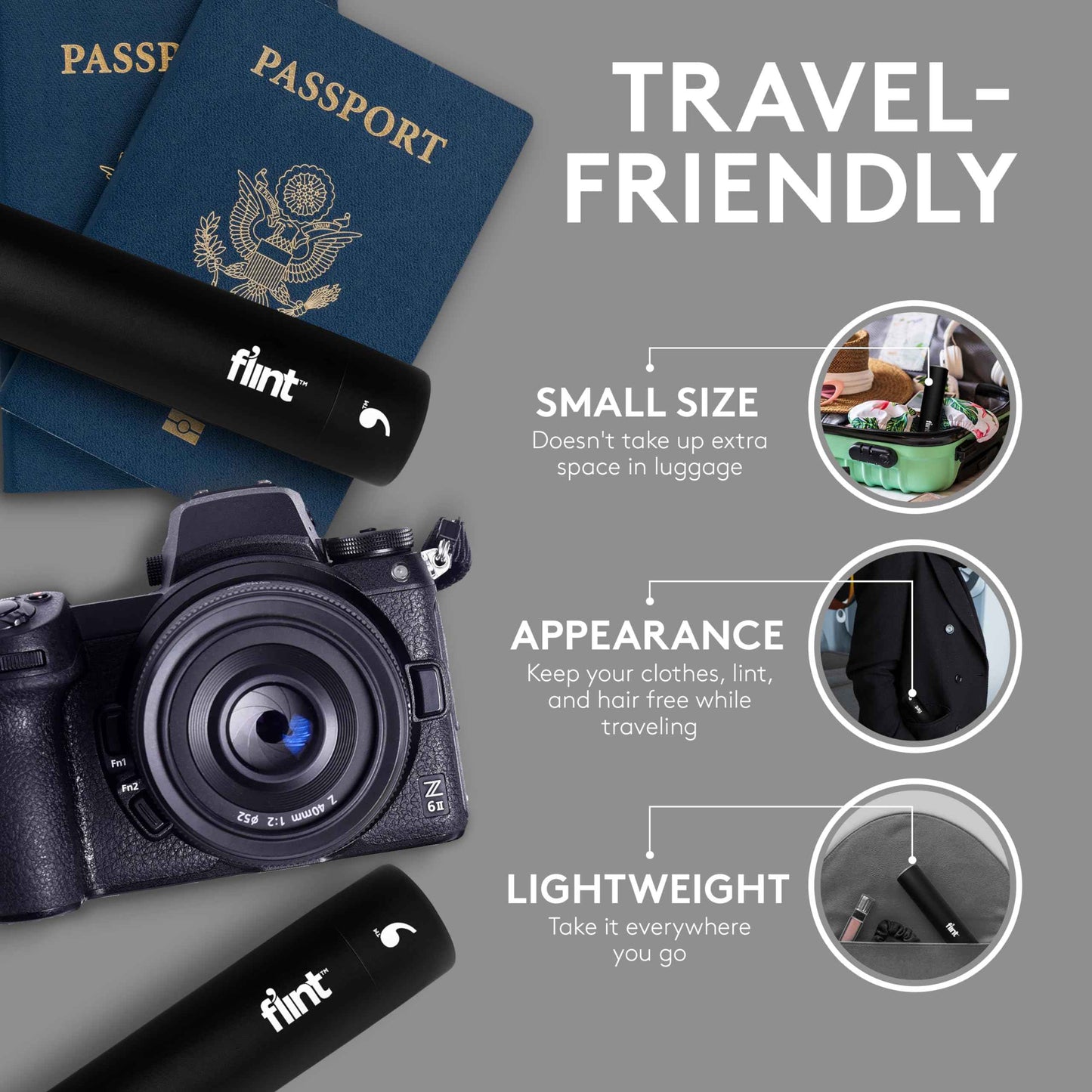 Flint Classic Black Retractable Mini Lint Roller with 90 Extra Sticky Sheets, Small and Portable Lint Roller, Ideal Pet Hair Remover, Travel Lint Rollers for pet Hair Extra Sticky