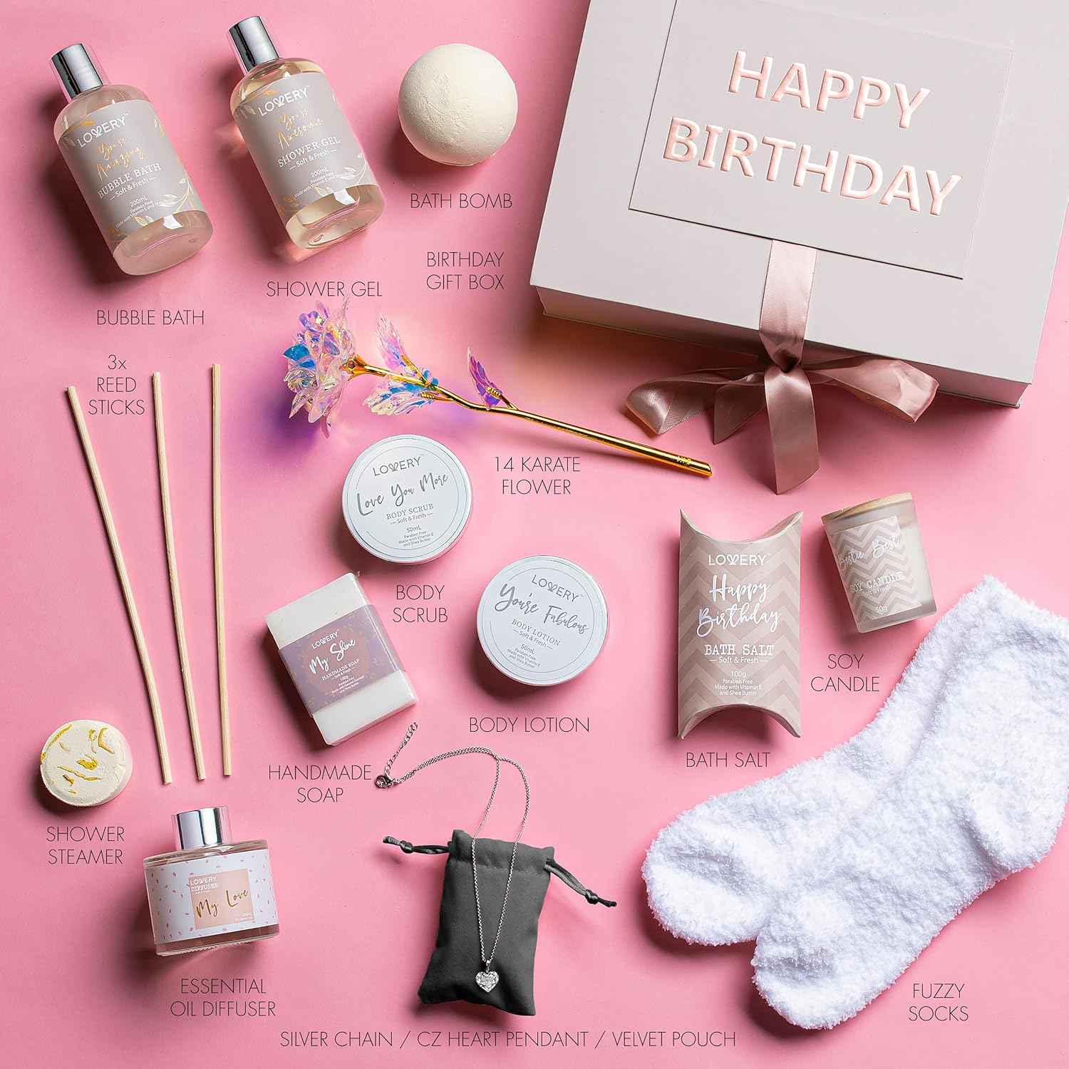 Birthday Gifts for Women, Birthday Spa Gift Basket for Women, Luxury Birthday Spa Gift Box with Vit E, Rich Bath Essentials, Diffuser, Candle, Sterling Silver CZ Heart Necklace, 24k Flower Rose & More