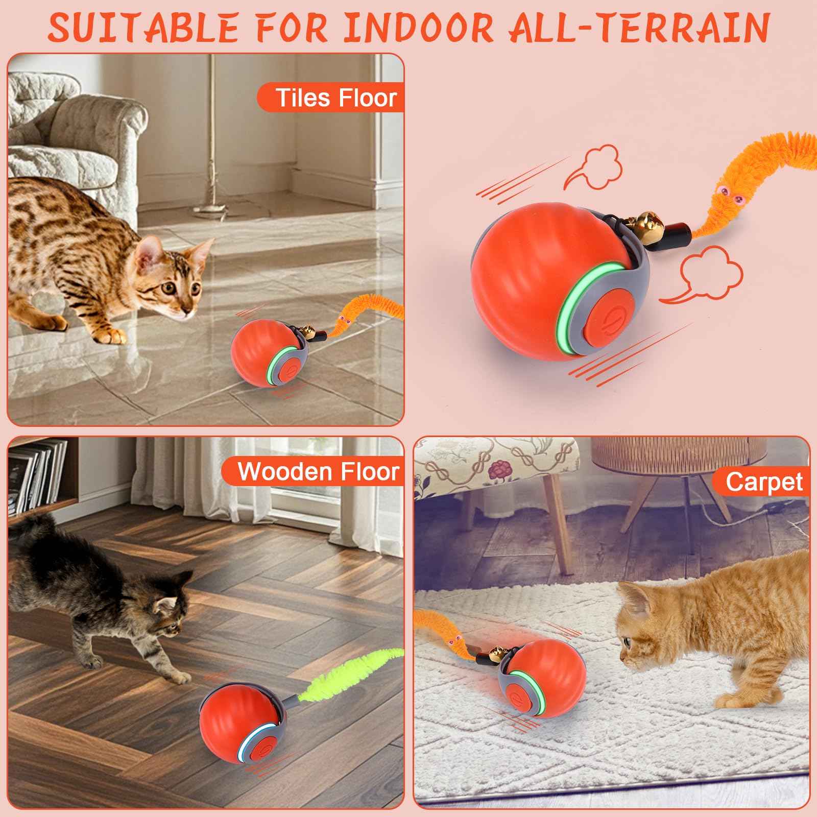 BABORUI Interactive Cat Toy Ball - Automatic Interactive Cat Toys for Indoor Cats with 3 Tails, 2 Speeds Rechargeable Cat Enrichment Toys for Small/Medium/Large Cats to Keep Them Busy(Blue)