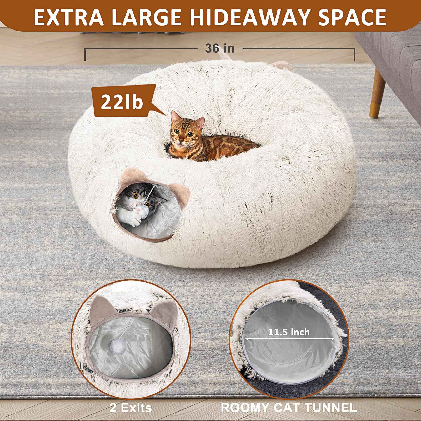 Cat Tunnel with Cat Bed for Indoor Cats, Under Christmas Tree Soft Plush Peekaboo Cat Cave Donut Tunnel, Multifunctional Playground Toys Hideplace for Kittens, Rabbit, Ferret (Grey)