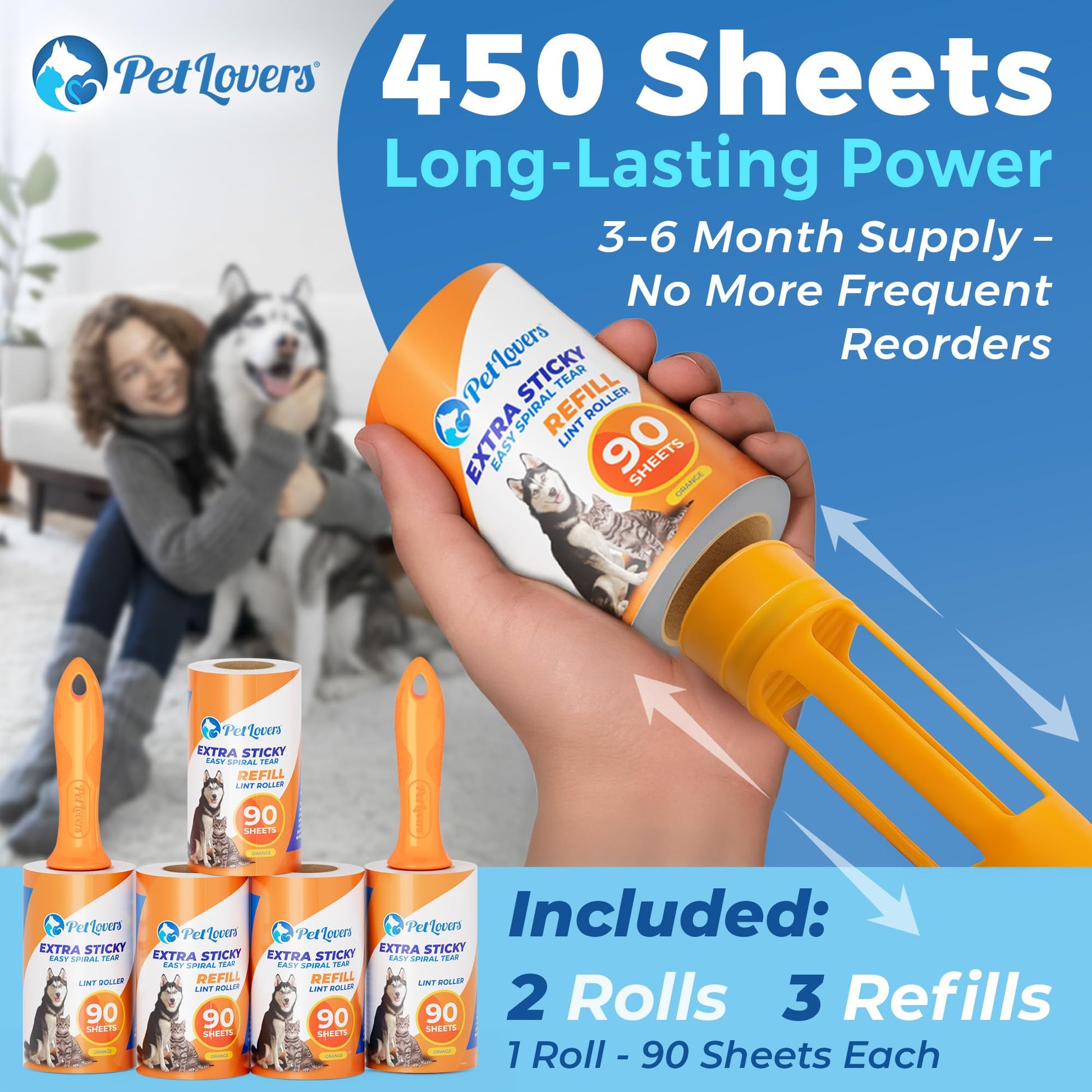 PetLovers Extra Sticky Lint Roller Mega Value Set 450 Sheets for Pet Hair Removal and Clothes, Dog and Cat Lint Remover 5 Pack jlhbookstore.store