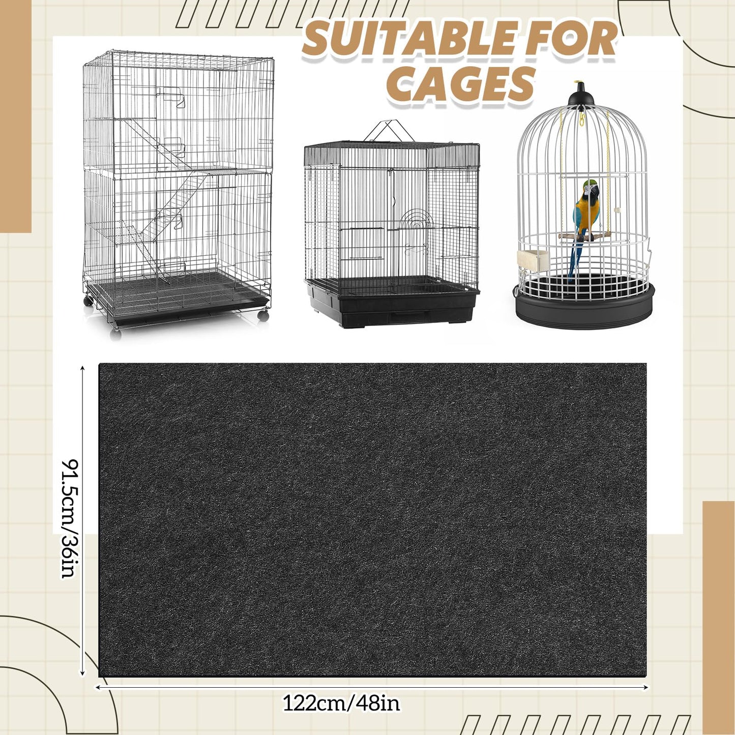 Nuanchu Large Bird Cage Mat, 48 x 36 Inch Under Pet Cage Mat, Absorbent/Waterproof Felt Pad for Bird Cages, Reptile Aquariums, Dog Kennels, with Non-Slip Backing for Hard Floors and Surfaces