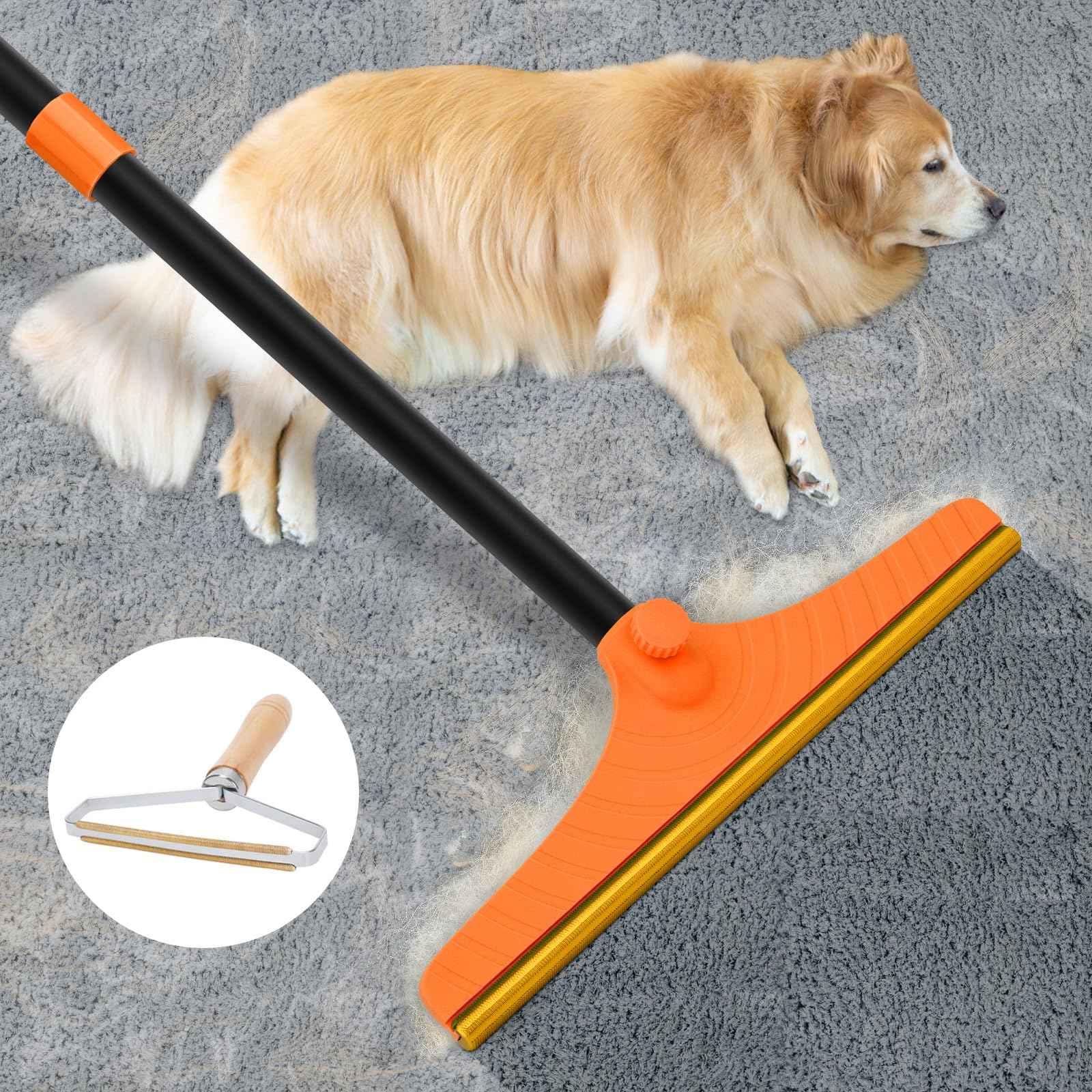 Carpet Rake for Pet Hair Removal - Reusable Pet Hair Remover, 60” Adjustable Long Handle Cat Dog Carpet Rake Scraper with Patented Design, Dog Hair Rake Brush for Rugs, Mats